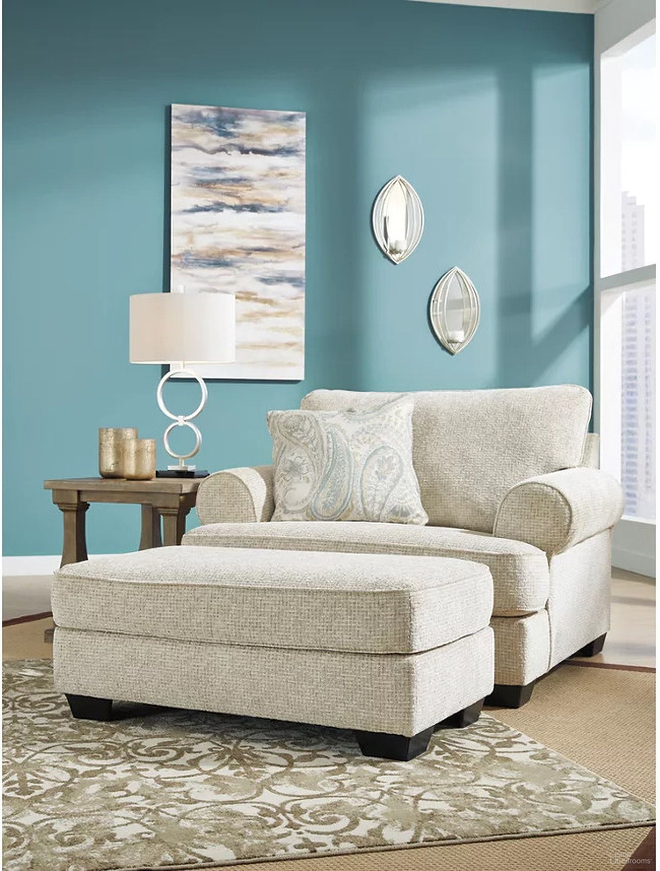 The appearance of Monaghan Oversized Chair and Ottoman In Sandstone designed by Signature Design by Ashley in the transitional interior design. This sandstone piece of furniture was selected by 1StopBedrooms from Monaghan Collection to add a touch of cosiness and style into your home. Sku: 9620523;9620514. Material: Fabric.