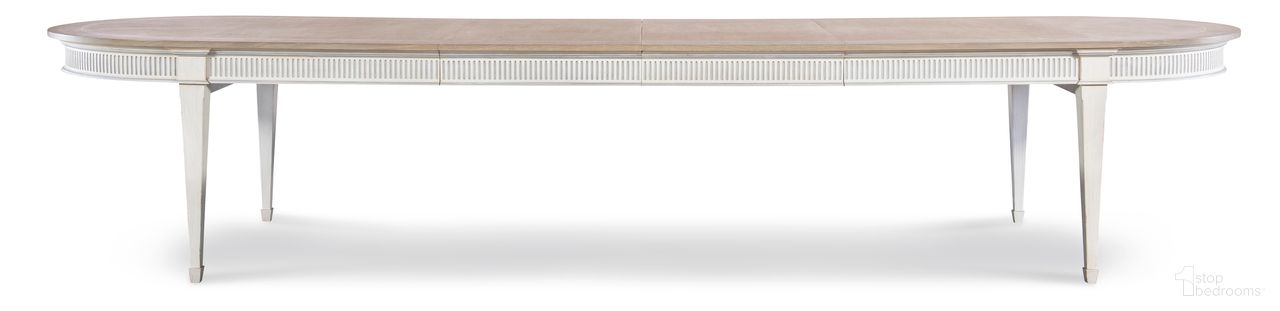 The appearance of Monarch Barrington Dining Table In White and Silver designed by Century Furniture in the traditional interior design. This white/silver piece of furniture was selected by 1StopBedrooms from Monarch Collection to add a touch of cosiness and style into your home. Sku: MN5445-V2. Table Base Style: Legs. Table Top Shape: Oval. Size: 42" x 104". Material: Oak Veneer.