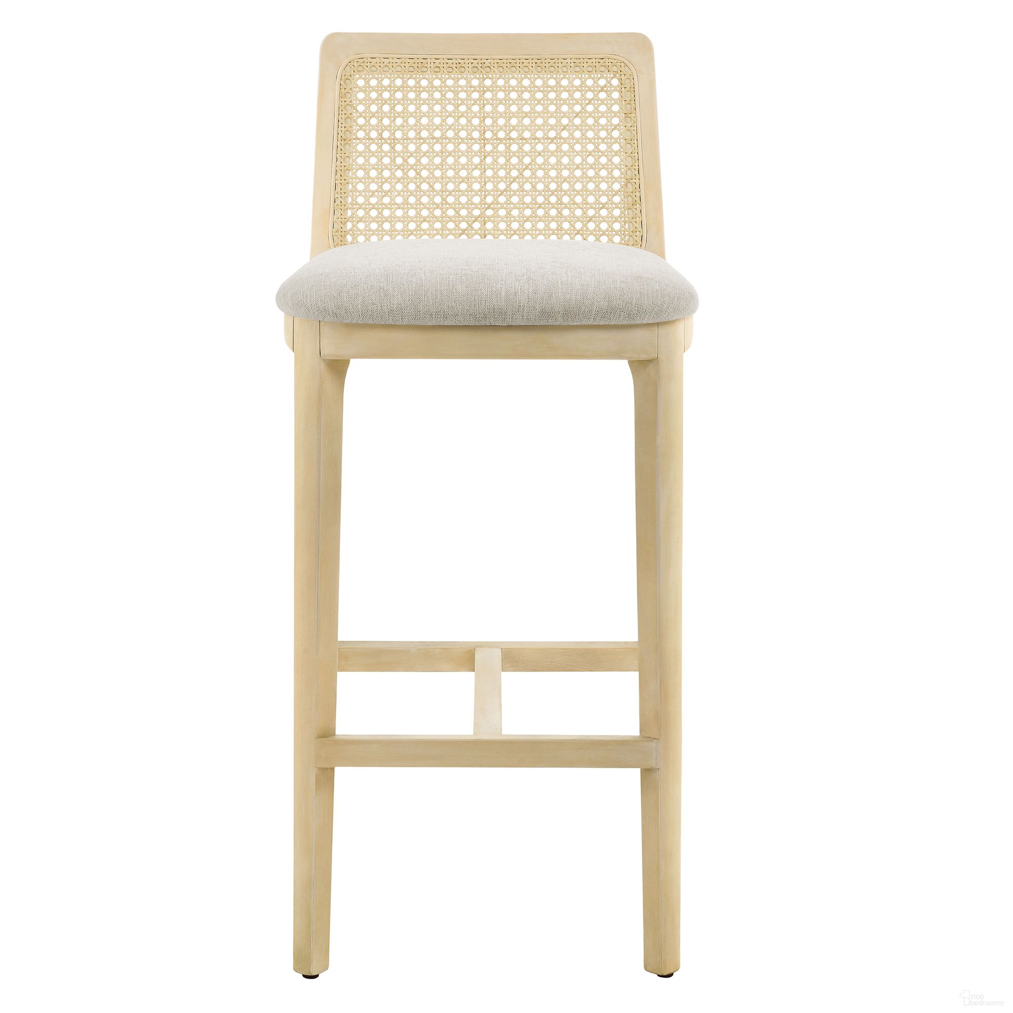 The appearance of Monarch Wood and Rattan Barstool In Antique White and Heathered Weave Ivory designed by Modway in the modern / contemporary interior design. This antique white/heathered weave ivory piece of furniture was selected by 1StopBedrooms from Monarch Collection to add a touch of cosiness and style into your home. Sku: EEI-6846-AQW-NAT-HEI. Material: Wood.