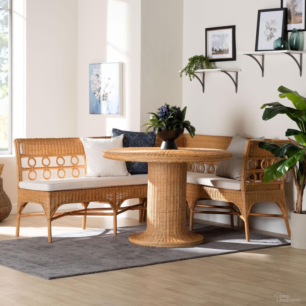 The appearance of Monica Rattan 3-Piece Dining Room Set In Light Honey designed by Baxton Studio in the bohemian interior design. This light honey piece of furniture was selected by 1StopBedrooms from Monica Collection to add a touch of cosiness and style into your home. Sku: Monica-3PC Dining Nook Set. Material: Natural Rattan.