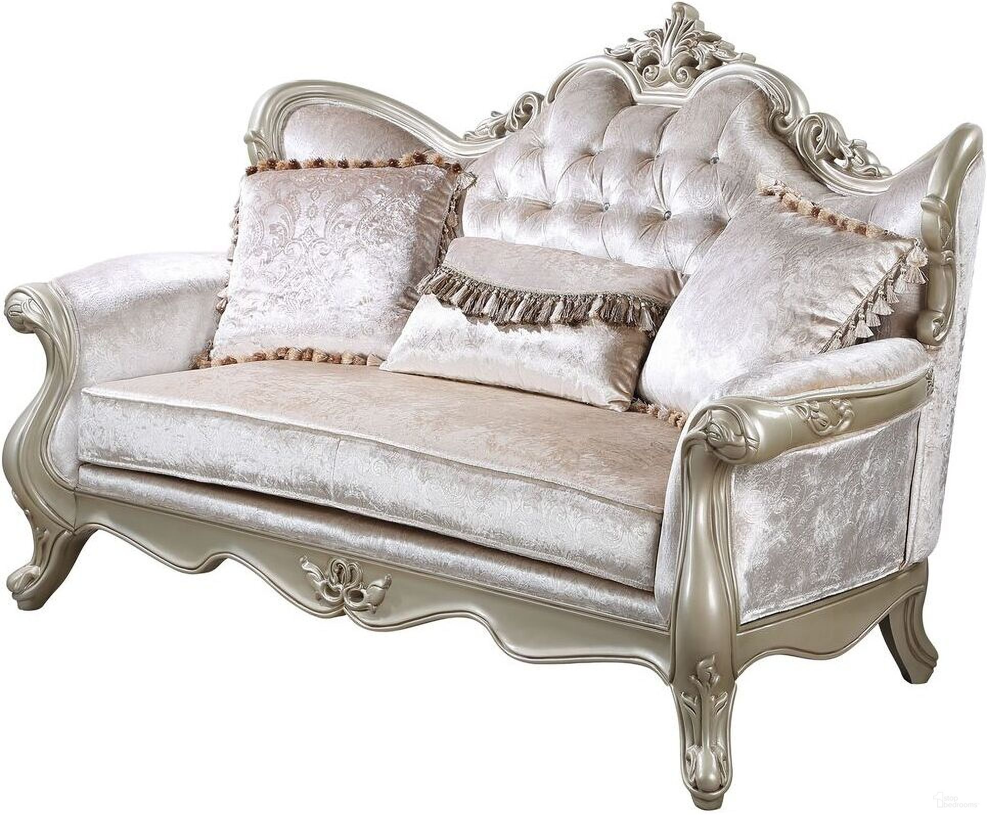 The appearance of Monique Loveseat In White designed by New Classic in the traditional interior design. This white piece of furniture was selected by 1StopBedrooms from Monique Collection to add a touch of cosiness and style into your home. Sku: U502T-20. Material: Fabric.