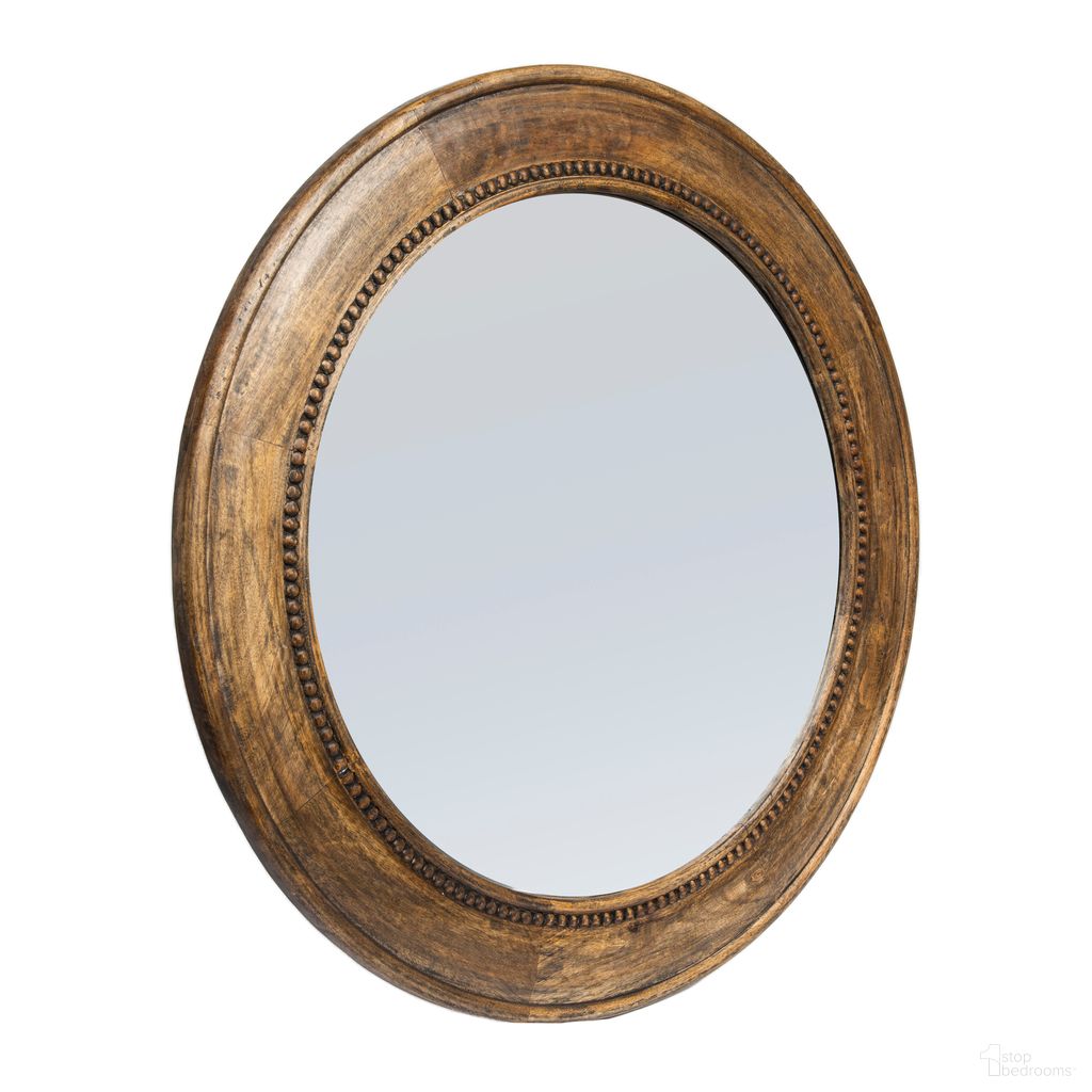 Monroe Carved Mango Wood Framed Round Wall Mirror with Hobnail Detail In Brown
