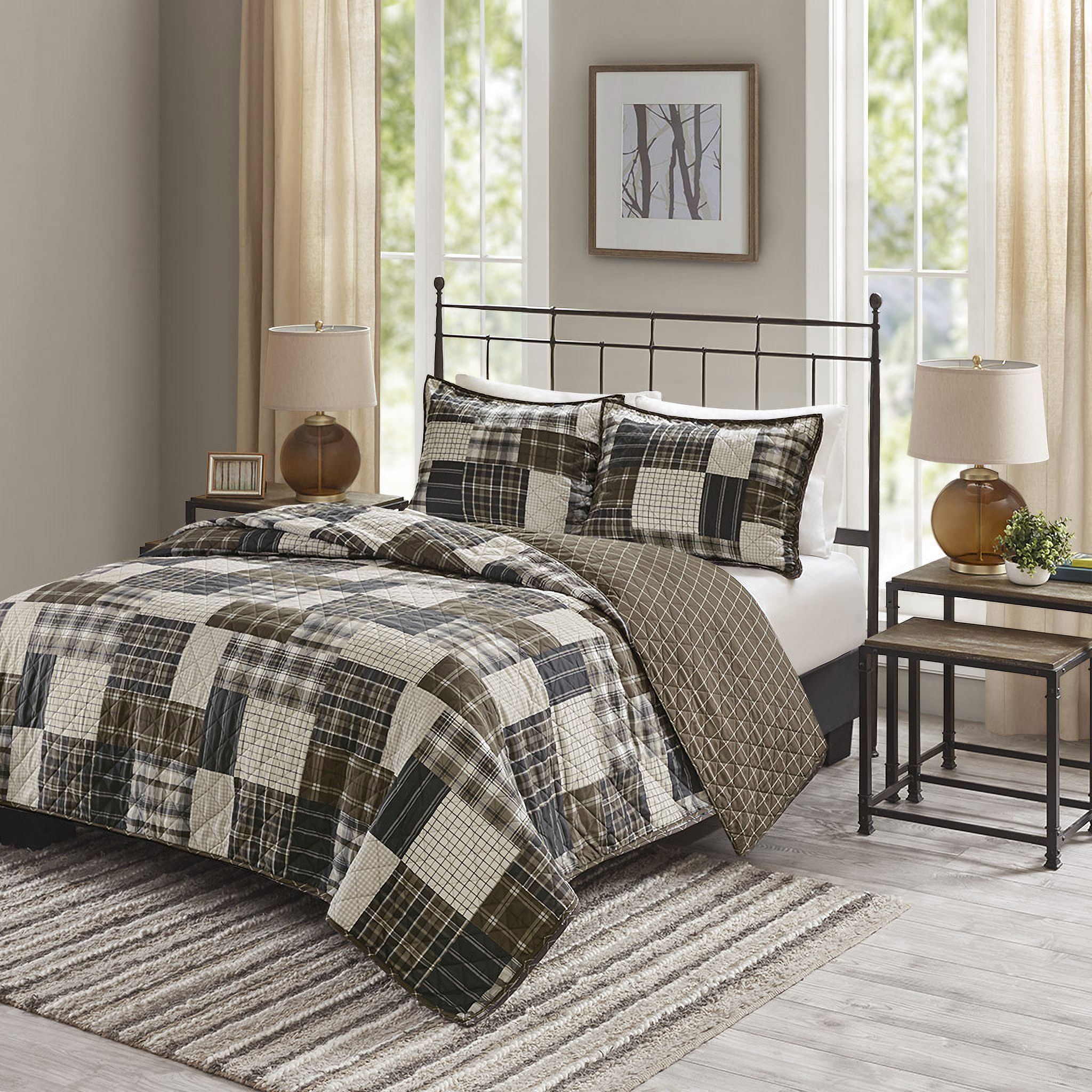 Monroe Polyester Printed Reversible 3 Piece Queen Coverlet Set In Black/Brown