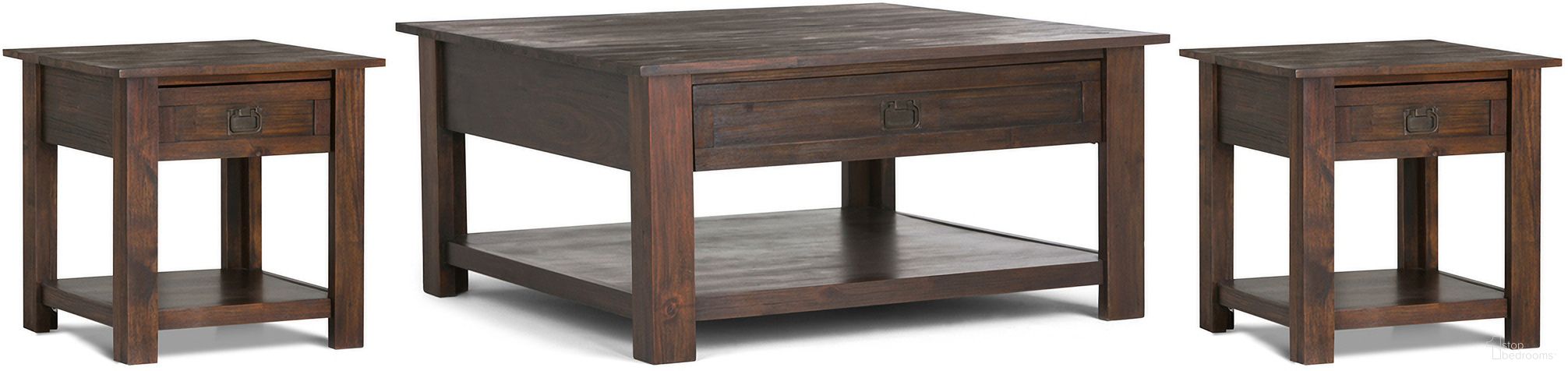 The appearance of Monroe Solid Acacia 38 Inch Coffee Table with 22 Inch End Tables Set of 3 In Distressed Charcoal Brown designed by Simpli Home in the traditional interior design. This distressed charcoal brown piece of furniture was selected by 1StopBedrooms from Monroe Collection to add a touch of cosiness and style into your home. Sku: MOLIV001DCB. Material: Acacia.