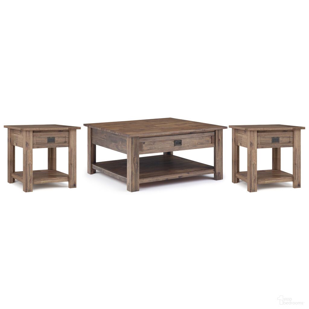 The appearance of Monroe Solid Acacia 38 Inch Coffee Table with 22 Inch End Tables Set of 3 In Rustic Natural Aged Brown designed by Simpli Home in the traditional interior design. This rustic natural aged brown piece of furniture was selected by 1StopBedrooms from Monroe Collection to add a touch of cosiness and style into your home. Sku: MOLIV001RNAB. Material: Acacia.