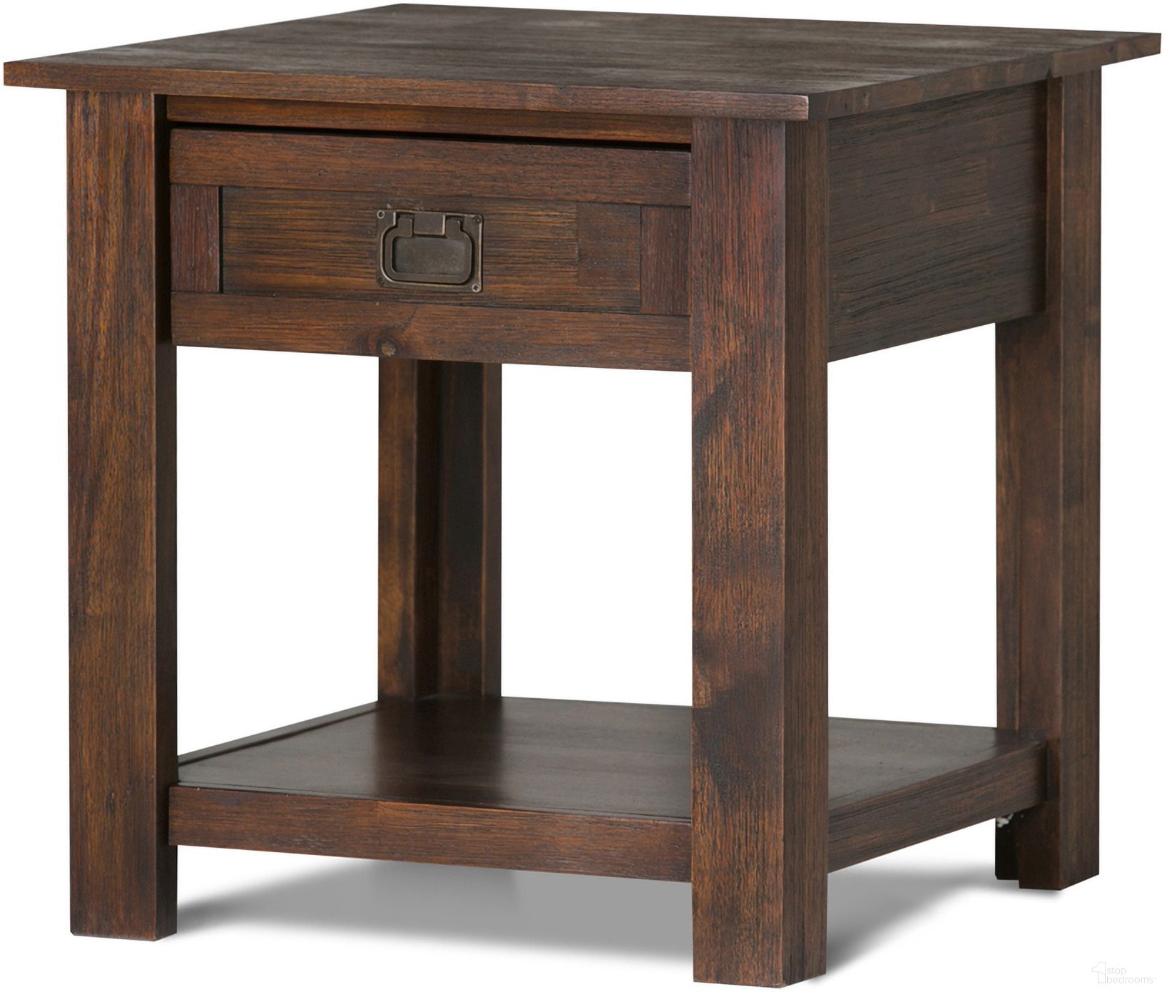 The appearance of Monroe Solid Acacia Wood End Table In Distressed Charcoal Brown designed by Simpli Home in the rustic / southwestern interior design. This distressed charcoal brown piece of furniture  was selected by 1StopBedrooms from Monroe Collection to add a touch of cosiness and style into your home. Sku: AXCMON-03. Material: Acacia.