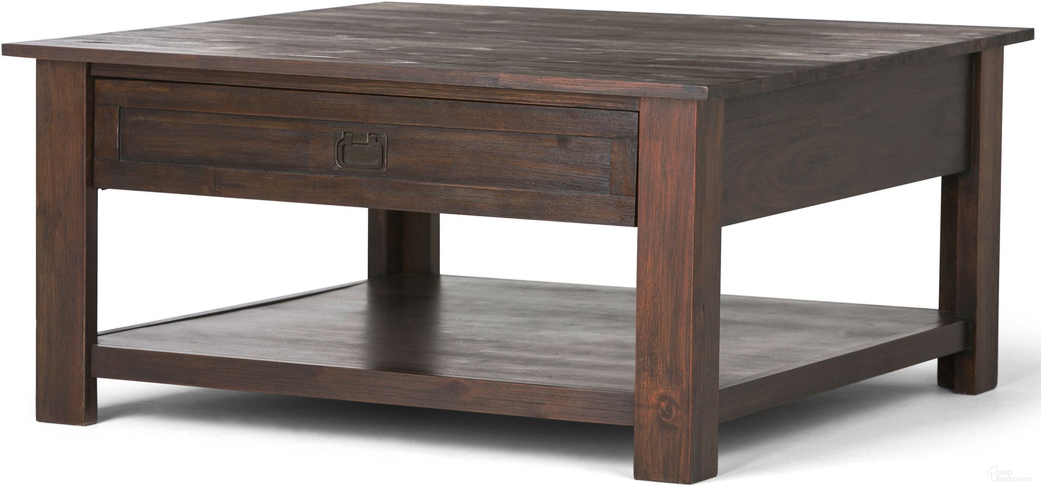 The appearance of Monroe Solid Acacia Wood Square Coffee Table In Distressed Charcoal Brown designed by Simpli Home in the rustic / southwestern interior design. This distressed charcoal brown piece of furniture  was selected by 1StopBedrooms from Monroe Collection to add a touch of cosiness and style into your home. Sku: AXCMON-02. Material: Acacia.