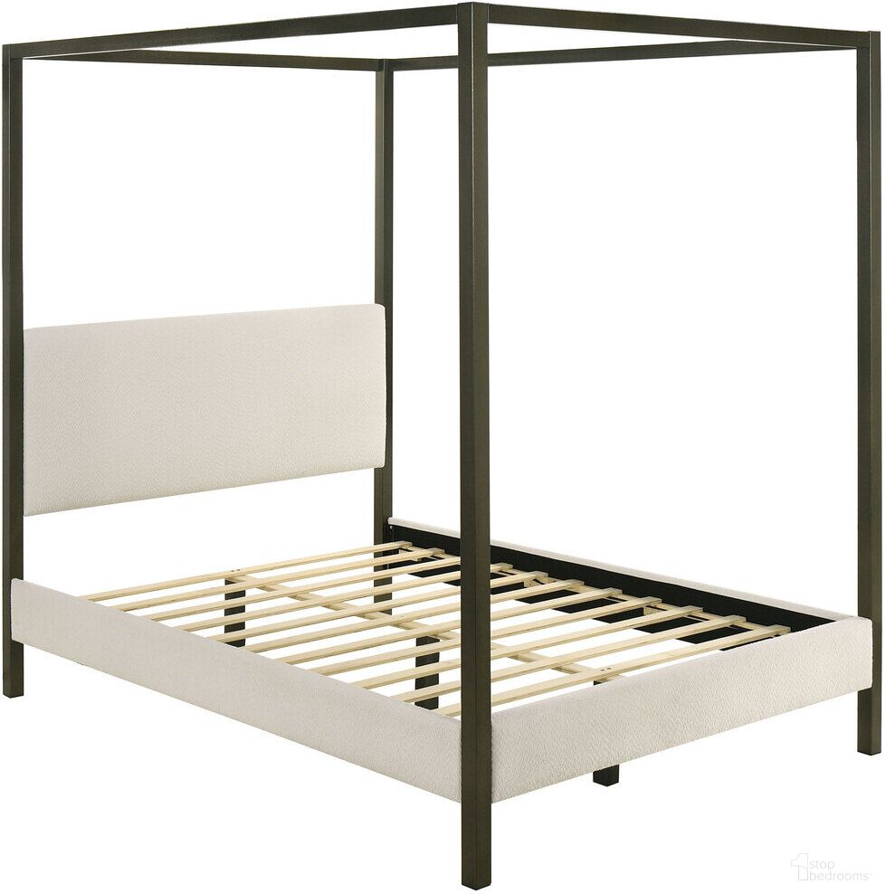 The appearance of Monroe Upholstered Queen Canopy Platform Bed Vanilla and Black designed by Coaster in the transitional interior design. This vanilla piece of furniture was selected by 1StopBedrooms from Monroe Collection to add a touch of cosiness and style into your home. Sku: 300834QB1;300834QB2;300834QB3. Bed Type: Platform Bed. Material: Upholstered. Bed Size: Queen.