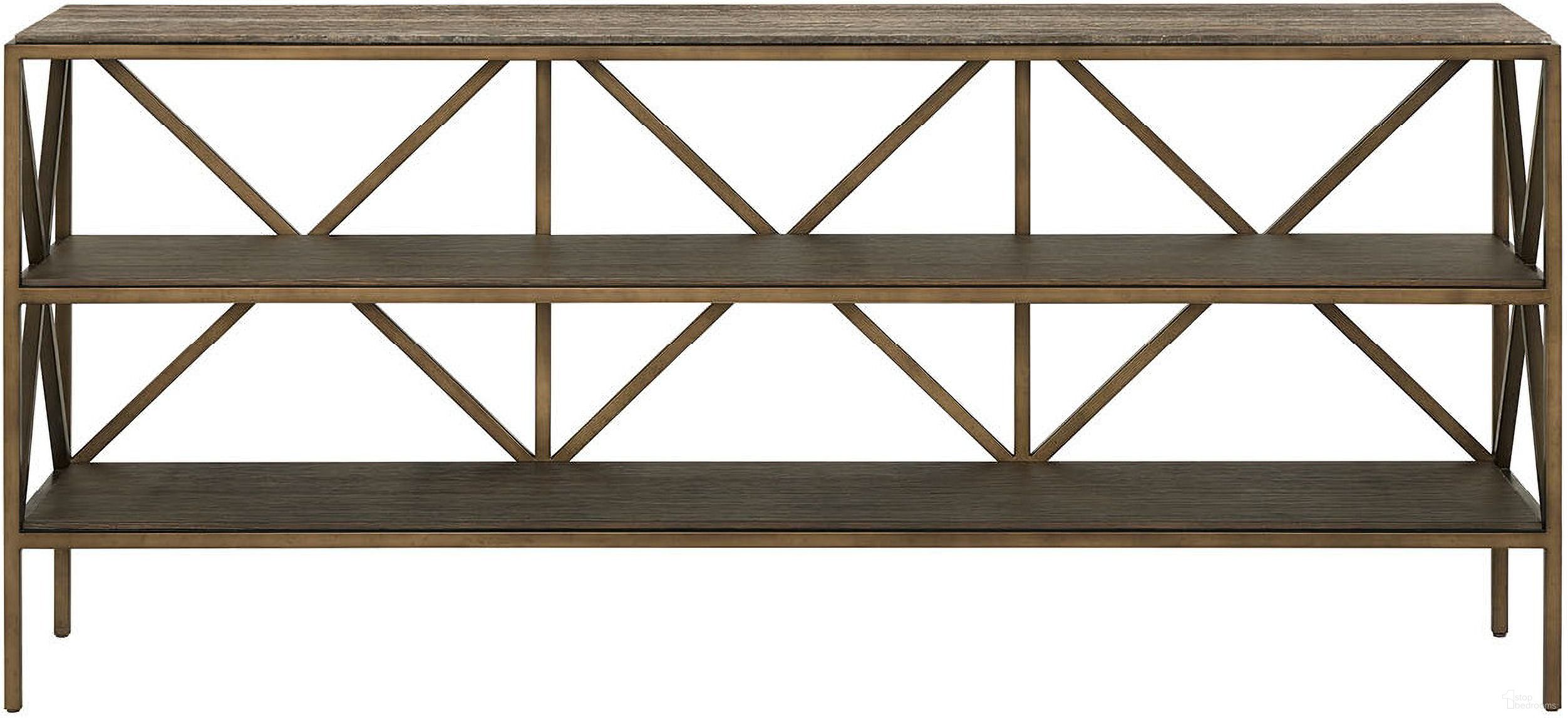The appearance of Montclair Brindle Console In Smoked Gold and Travertine designed by Universal in the transitional interior design. This smoked gold and travertine piece of furniture was selected by 1StopBedrooms from Montclair Collection to add a touch of cosiness and style into your home. Sku: U508803. Material: Metal.