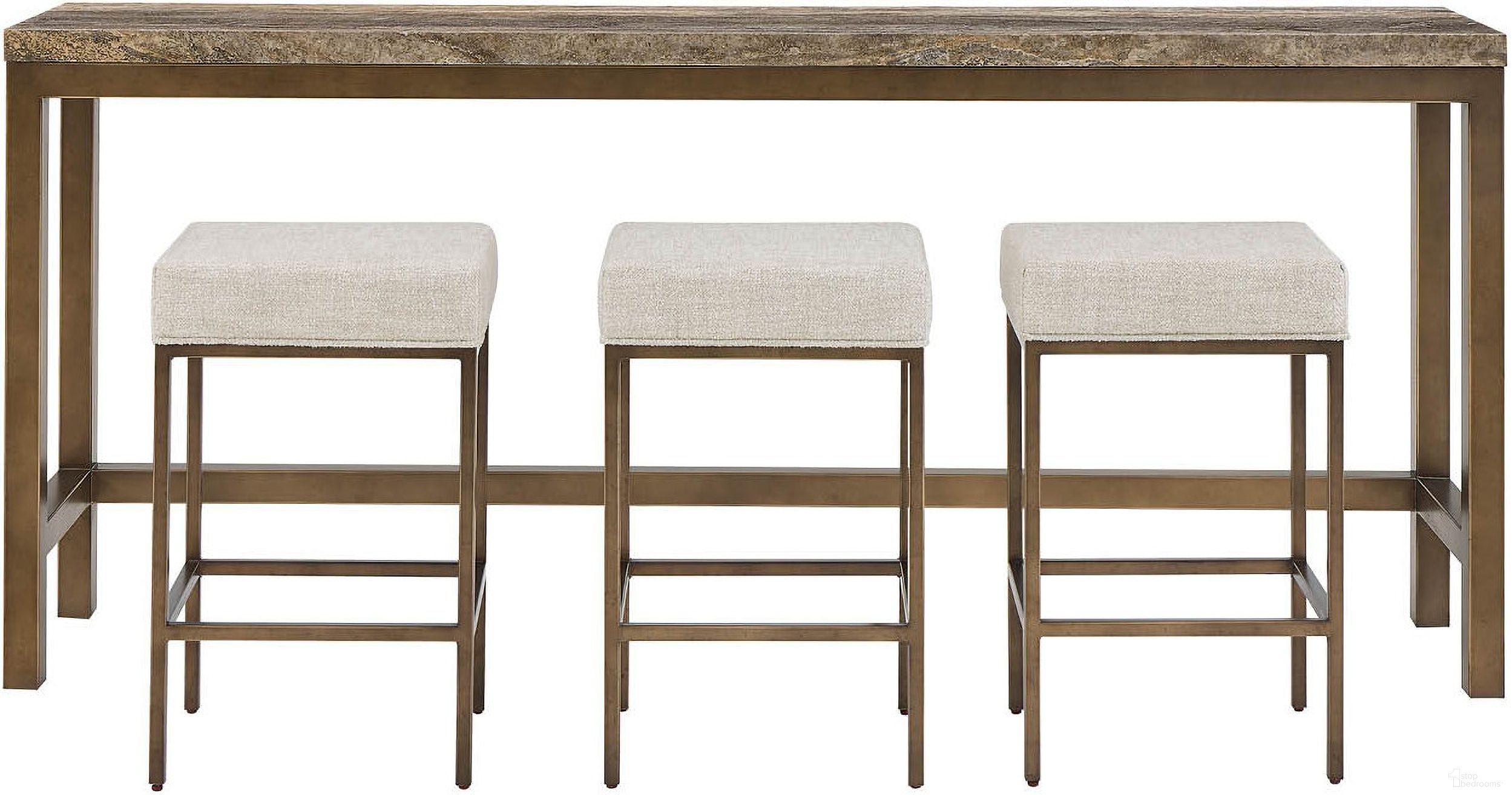 The appearance of Montclair Brindle Console with Stools In Smoked Gold and Travertine designed by Universal in the modern / contemporary interior design. This smoked gold and travertine piece of furniture was selected by 1StopBedrooms from Montclair Collection to add a touch of cosiness and style into your home. Sku: U508823. Material: Metal.