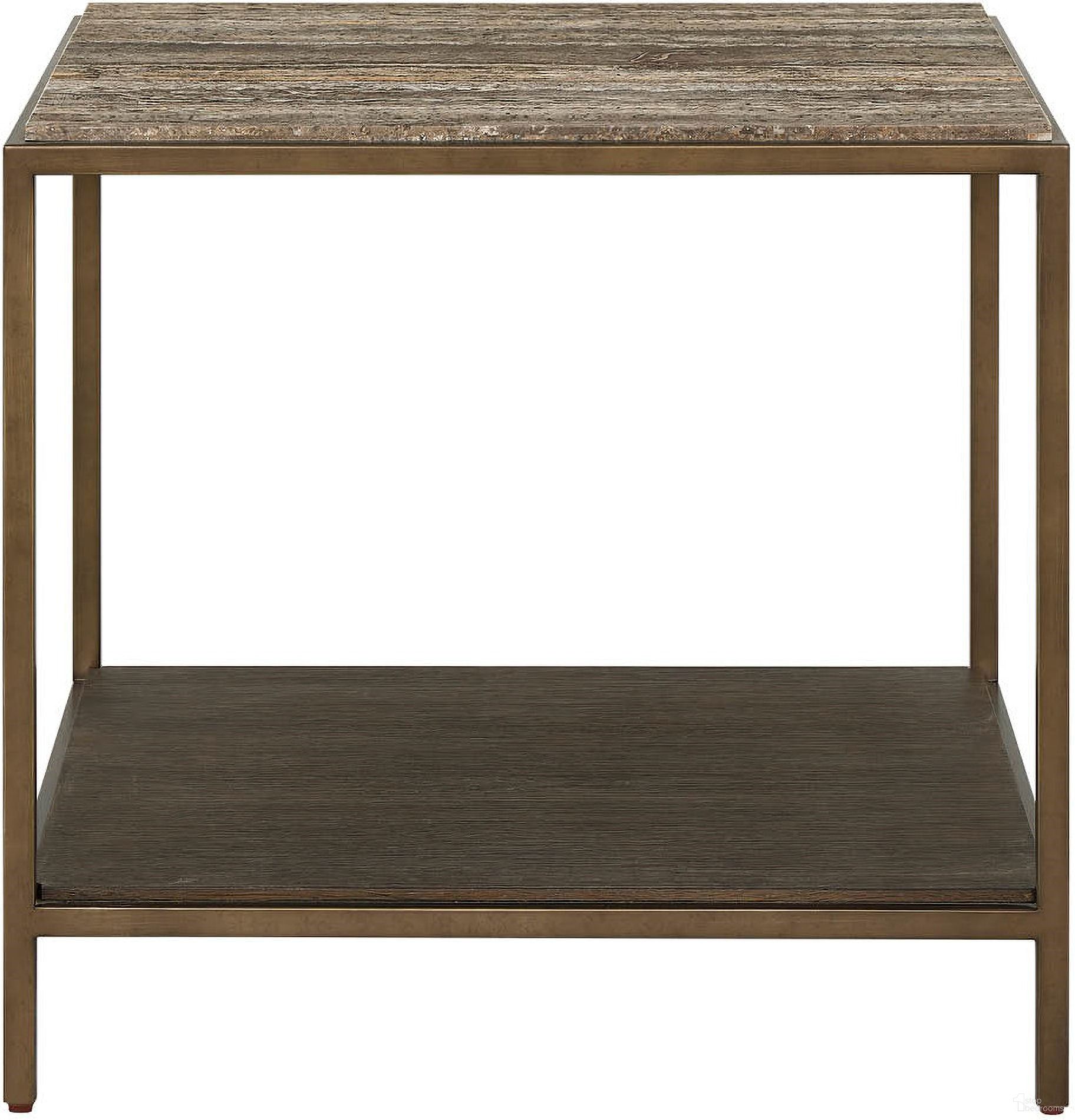 The appearance of Montclair Brindle End Table In Smoked Gold and Travertine designed by Universal in the modern / contemporary interior design. This smoked gold and travertine piece of furniture was selected by 1StopBedrooms from Montclair Collection to add a touch of cosiness and style into your home. Sku: U508802. Material: Marble.
