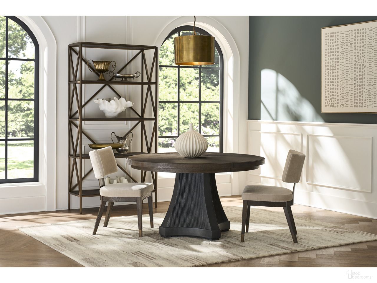 The appearance of Montclair Cinder Dining Room Set In Cocoa designed by Universal in the transitional interior design. This cocoa piece of furniture was selected by 1StopBedrooms from Montclair Collection to add a touch of cosiness and style into your home. Sku: U508656;U508624P. Table Top Shape: Round. Material: Wood. Size: 54".