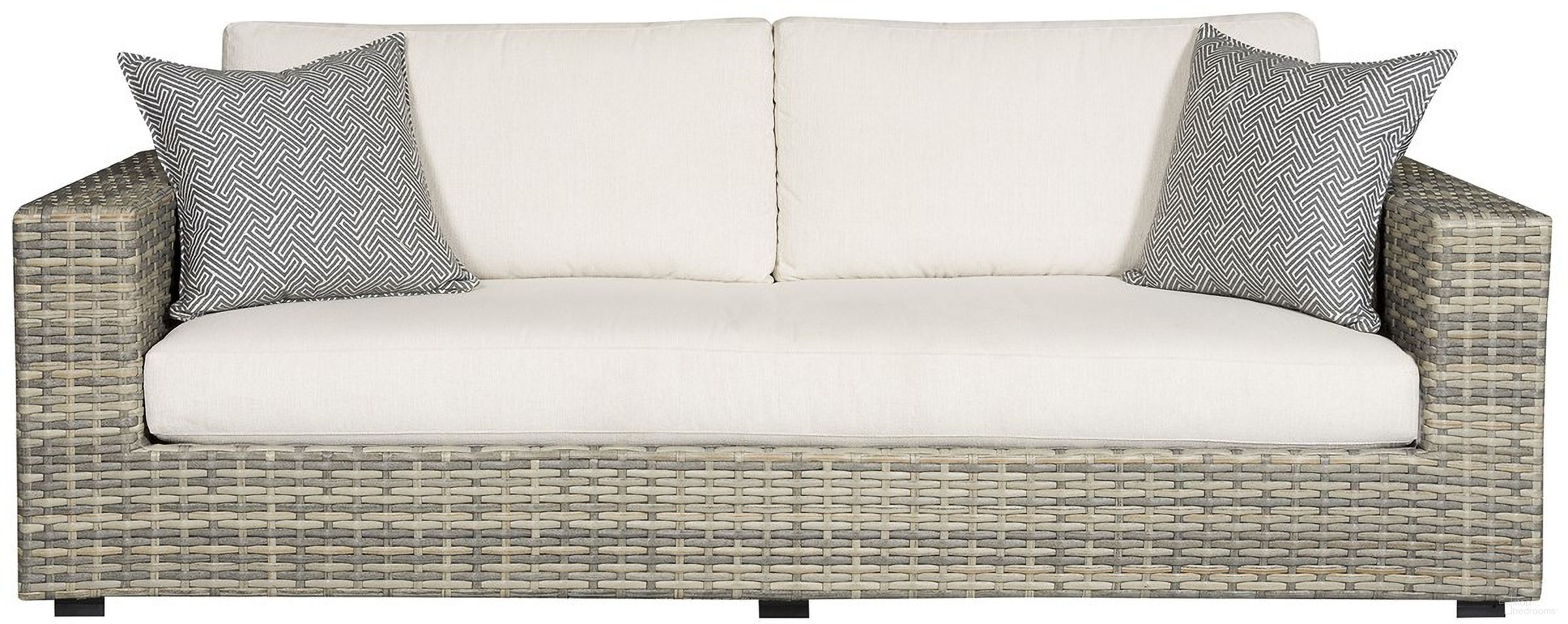 The appearance of Montclair Outdoor Sofa In Tan and White designed by Vanguard Furniture in the modern / contemporary interior design. This tan/white piece of furniture  was selected by 1StopBedrooms from Montclair Collection to add a touch of cosiness and style into your home. Sku: OW100-1S_153997. Material: Weave.