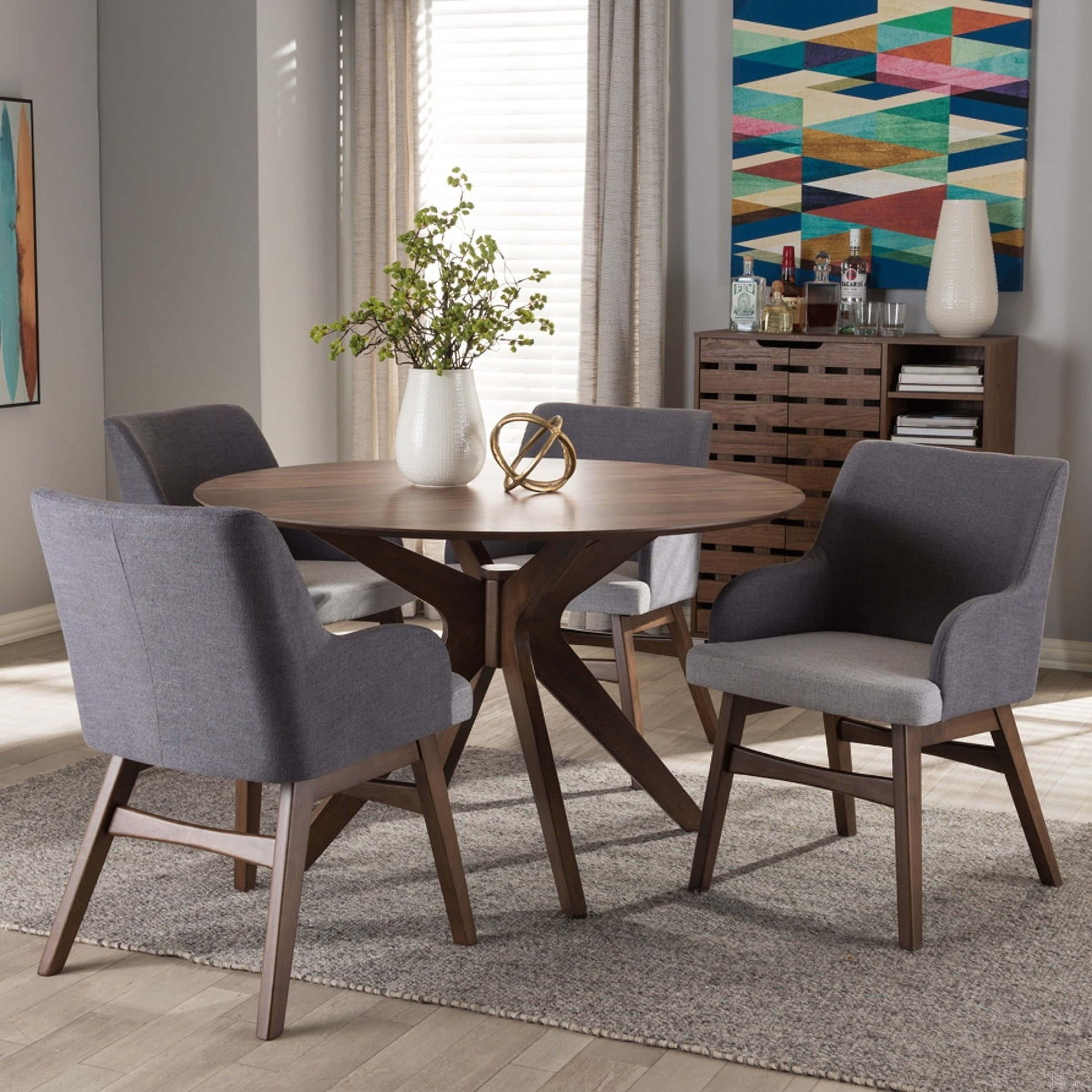 The appearance of Baxton Studio Monte 5 Piece 47 Inch Round Dining Room Set In Walnut designed by Baxton Studio in the modern / contemporary interior design. This gray piece of furniture  was selected by 1StopBedrooms from Monte Collection to add a touch of cosiness and style into your home. Sku: Monte-Walnut-Round-DT;Monte-Dark-Grey/Light-Grey-DC. Table Base Style: Trestle. Material: Fabric. Size: 47".