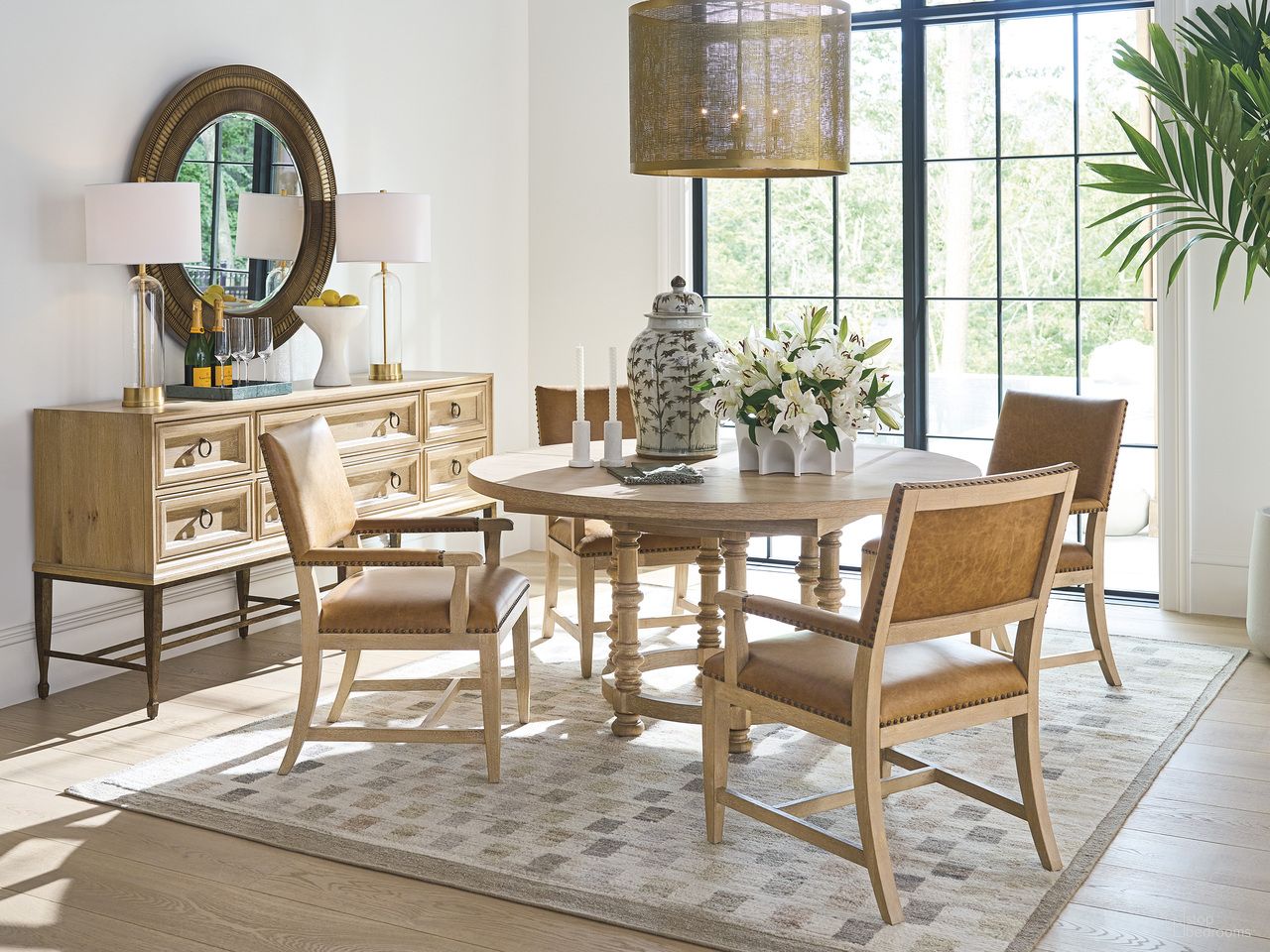 The appearance of Montecito Ennisbrook Round Dining Room Set In Natural designed by Barclay Butera in the traditional interior design. This natural piece of furniture was selected by 1StopBedrooms from Montecito Collection to add a touch of cosiness and style into your home. Sku: 940-875;940-880-02. Table Top Shape: Round. Material: Wood. Size: 60".