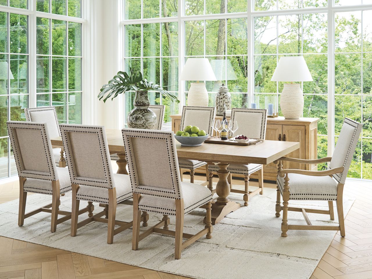 The appearance of Montecito La Mirada Rectangular Dining Room Set In Natural designed by Barclay Butera in the traditional interior design. This natural piece of furniture was selected by 1StopBedrooms from Montecito Collection to add a touch of cosiness and style into your home. Sku: 940-876C;940-882-01. Material: Wood. Table Top Shape: Rectangular. Size: 46" x 84".