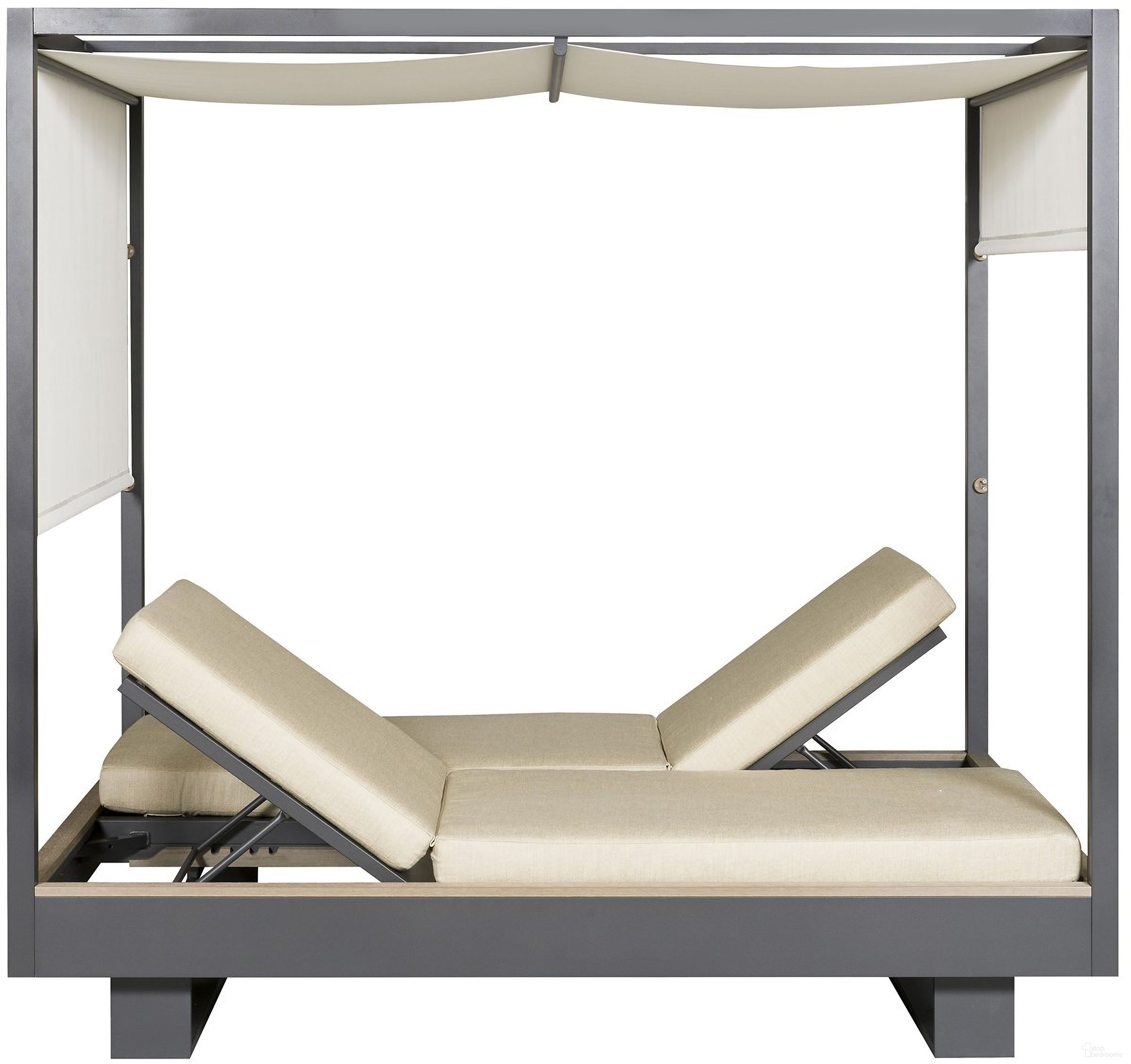 The appearance of Montecito Outdoor Double Reclining Chaise with Cushion In Black and Taupe designed by Vanguard Furniture in the modern / contemporary interior design. This black/taupe piece of furniture  was selected by 1StopBedrooms from Montecito Collection to add a touch of cosiness and style into your home. Sku: OW110SLG_155134. Material: Metal.