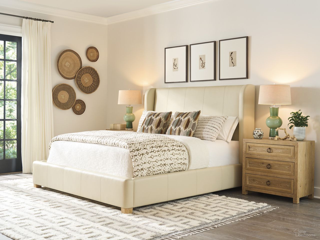 The appearance of Montecito Summerland Leather Bedroom Set In Cream designed by Barclay Butera in the modern / contemporary interior design. This cream piece of furniture  was selected by 1StopBedrooms from Montecito Collection to add a touch of cosiness and style into your home. Sku: 940-143C;940-621. Bed Size: California King. Material: Genuine Leather.