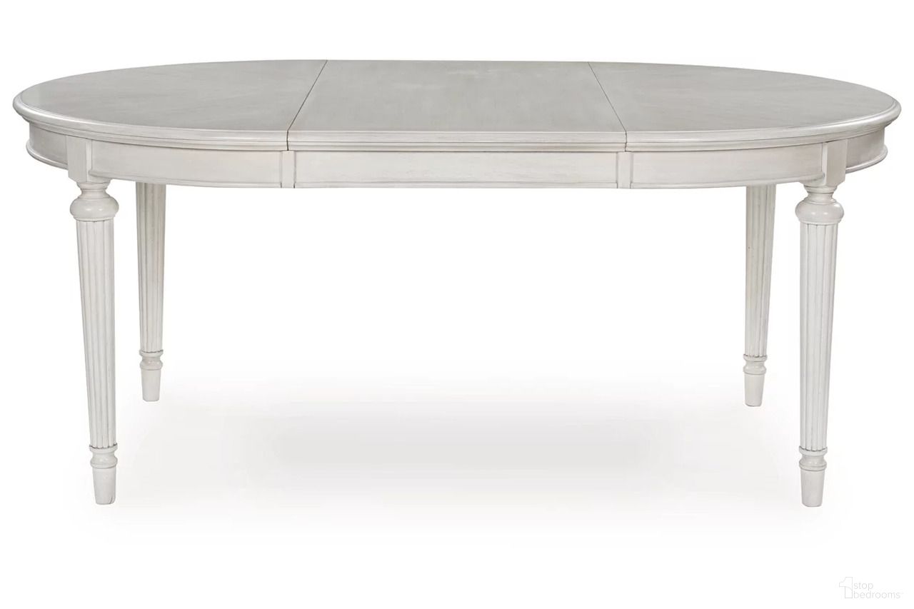 The appearance of Montelaine Dining Extension Table In Antique White designed by Signature Design by Ashley in the traditional interior design. This antique white piece of furniture was selected by 1StopBedrooms from Montelaine Collection to add a touch of cosiness and style into your home. Sku: D795-35. Table Base Style: Legs. Table Top Shape: Oval. Material: Wood. Size: 72" x 48".