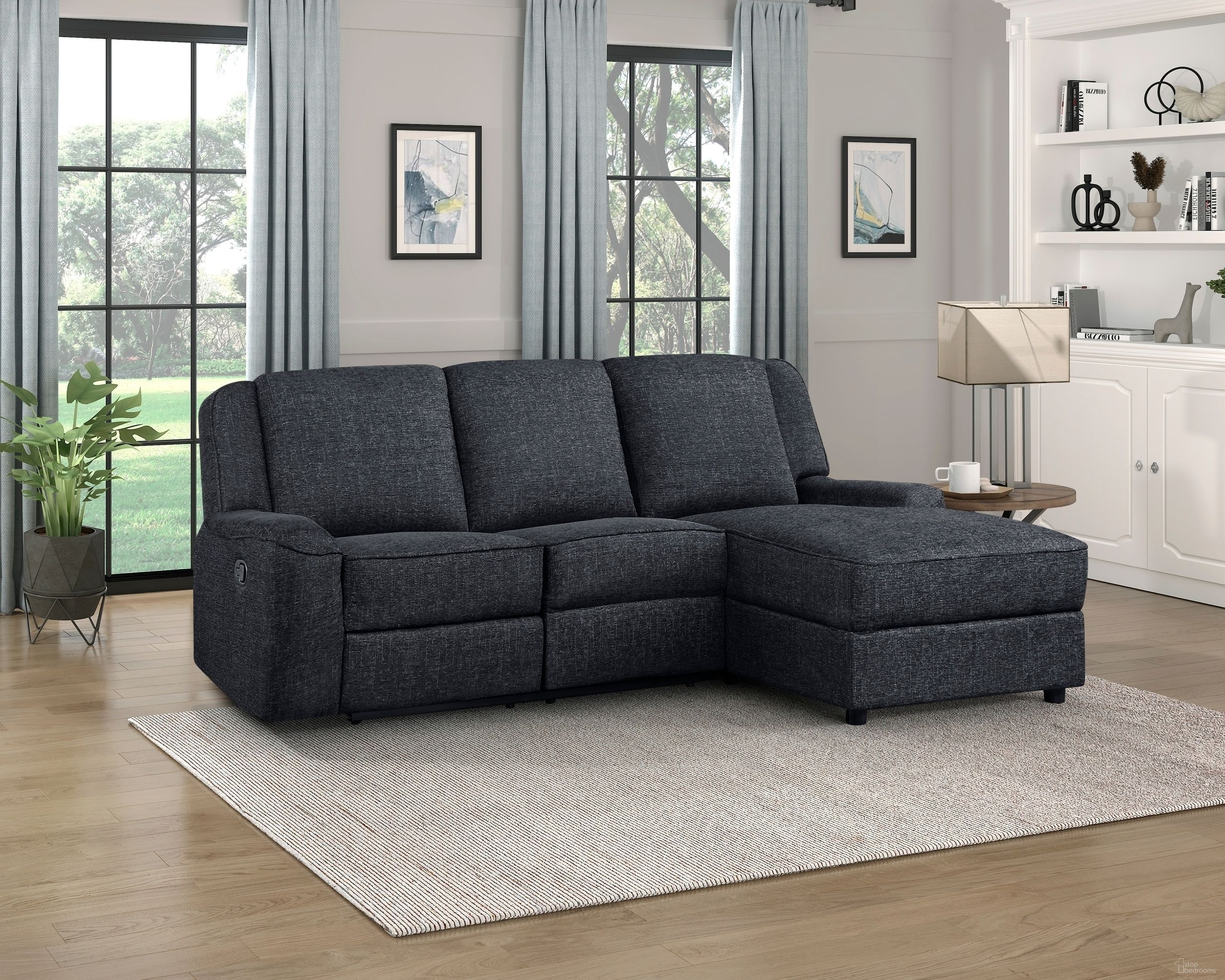 The appearance of Monterey 2-Piece Reclining Sectional with Right Chaise In Black designed by Homelegance in the modern / contemporary interior design. This black piece of furniture  was selected by 1StopBedrooms from Monterey Collection to add a touch of cosiness and style into your home. Sku: 8530EB-2L;8530EB-RC. Material: Chenille.