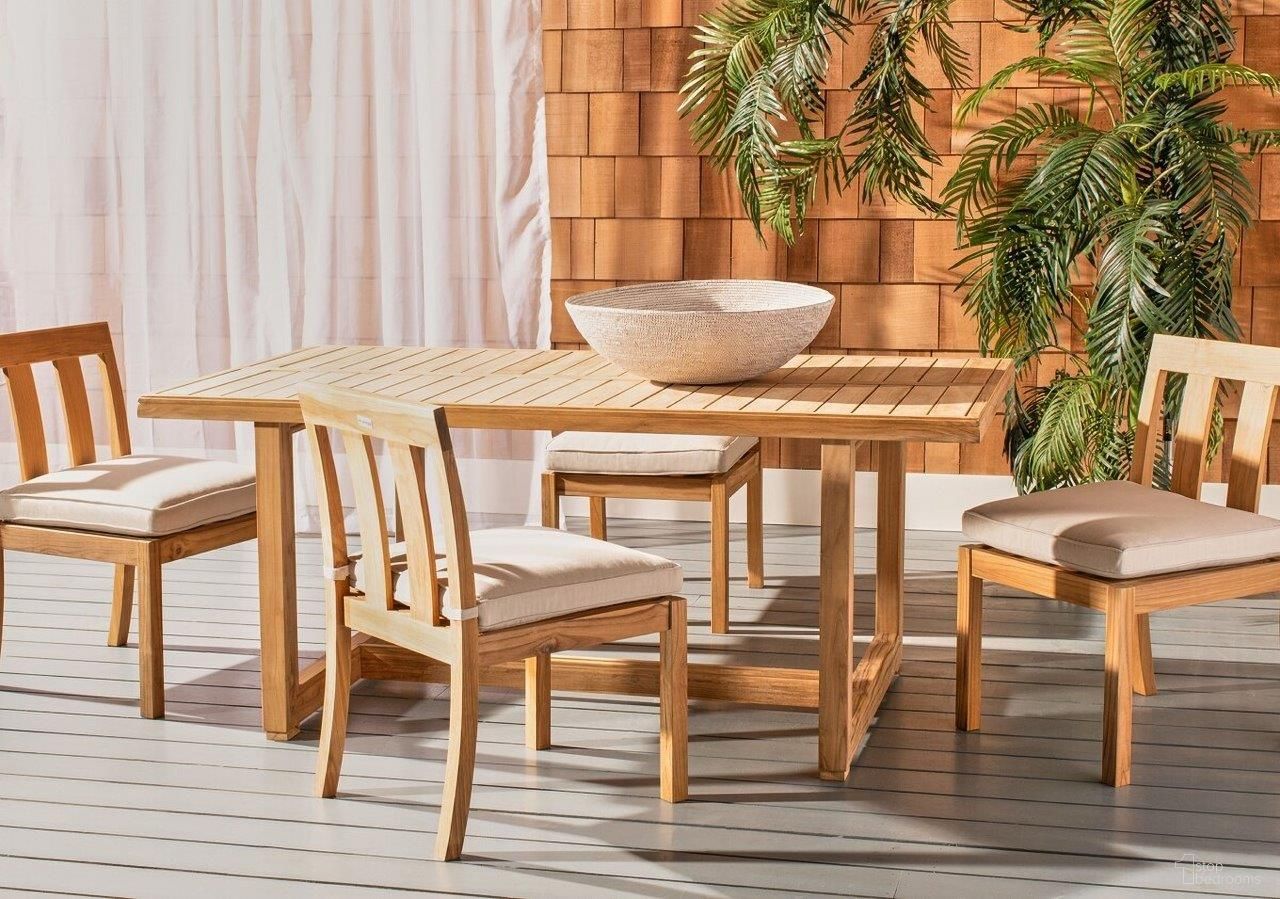 The appearance of Montford Outdoor Dining Set In Natural designed by Safavieh Couture in the modern / contemporary interior design. This natural piece of furniture  was selected by 1StopBedrooms from Montford Collection to add a touch of cosiness and style into your home. Sku: CPT1005A;CPT1006A-SET2;CPT1006A-SET2;CPT1006A-SET2;CPT1006A-SET2. Table Base Style: Trestle. Material: Wood.