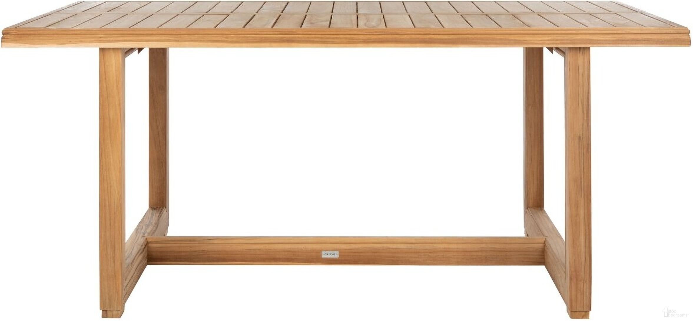 The appearance of Montford Teak Dining Table In Natural designed by Safavieh Couture in the modern / contemporary interior design. This natural piece of furniture was selected by 1StopBedrooms from Montford Collection to add a touch of cosiness and style into your home. Sku: CPT1005A. Table Base Style: Trestle. Material: Wood. Table Top Shape: Rectangular.