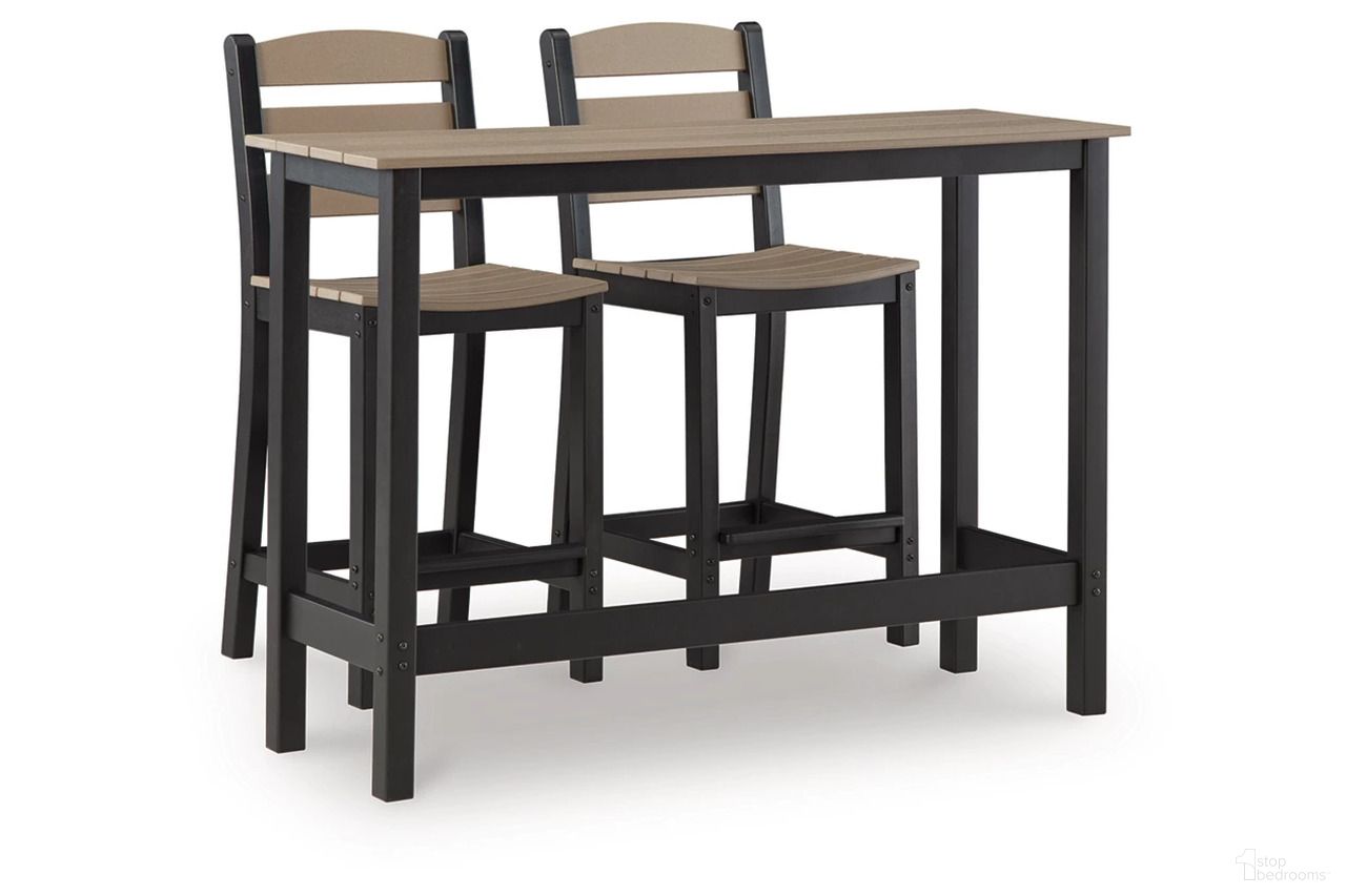The appearance of Moondance Outdoor Counter Table and 2 Barstools In Black and Beige designed by Signature Design by Ashley in the modern / contemporary interior design. This black and beige piece of furniture  was selected by 1StopBedrooms from Moondance Collection to add a touch of cosiness and style into your home. Sku: P221-113. Material: Aluminum.