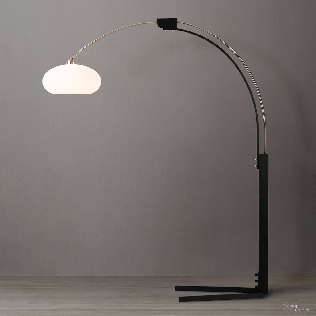 Morelli V-Base 84 Inch Arc Floor Lamp In Satin Nickel and Black