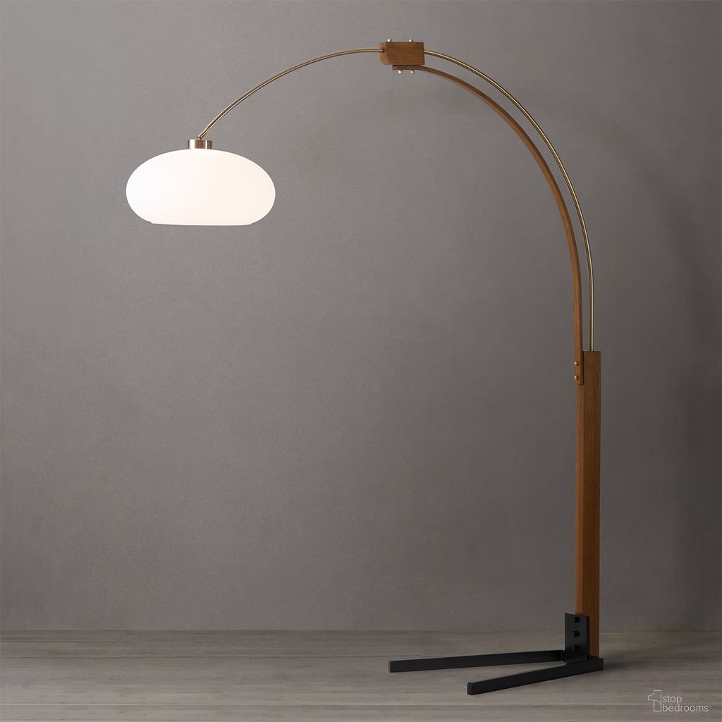 Morelli V-Base 84 Inch Arc Floor Lamp In Weathered Brass and Walnut
