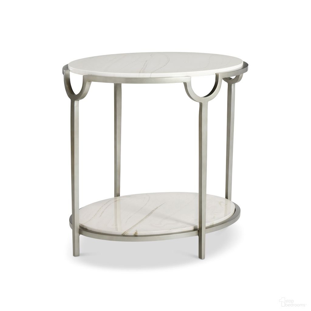 The appearance of Morello Oval Metal End Table designed by Bernhardt in the modern / contemporary interior design. This oxidized nickel/carrara marble piece of furniture  was selected by 1StopBedrooms from Morello Collection to add a touch of cosiness and style into your home. Sku: 469113. Material: Steel.