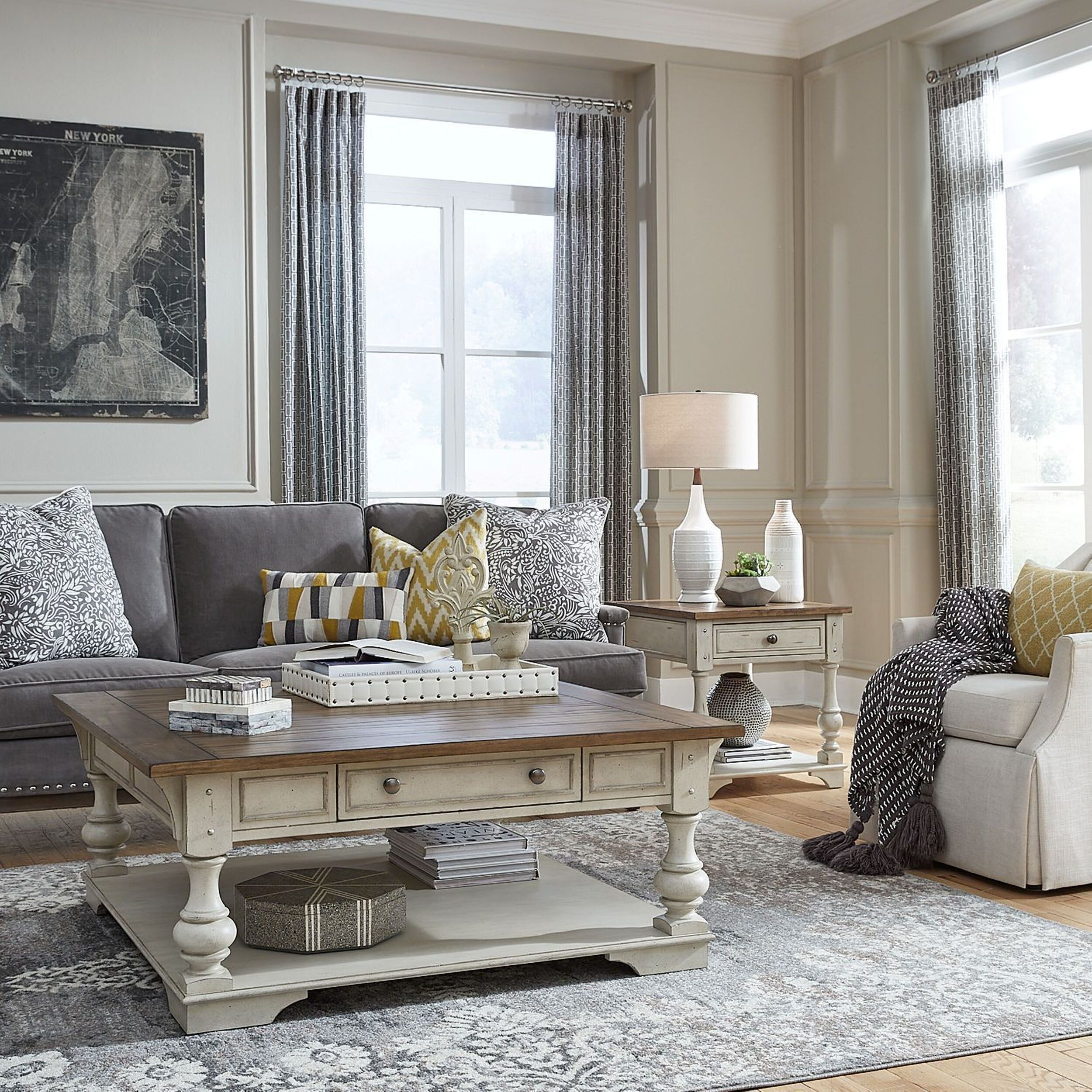 The appearance of Morgan Creek Antique White And Wire Brushed Tobacco Drawer Square Occasional Table Set designed by Liberty in the traditional interior design. This white piece of furniture was selected by 1StopBedrooms from Morgan Creek Collection to add a touch of cosiness and style into your home. Sku: 498-OT1012;498-OT1020. Material: Poplar.