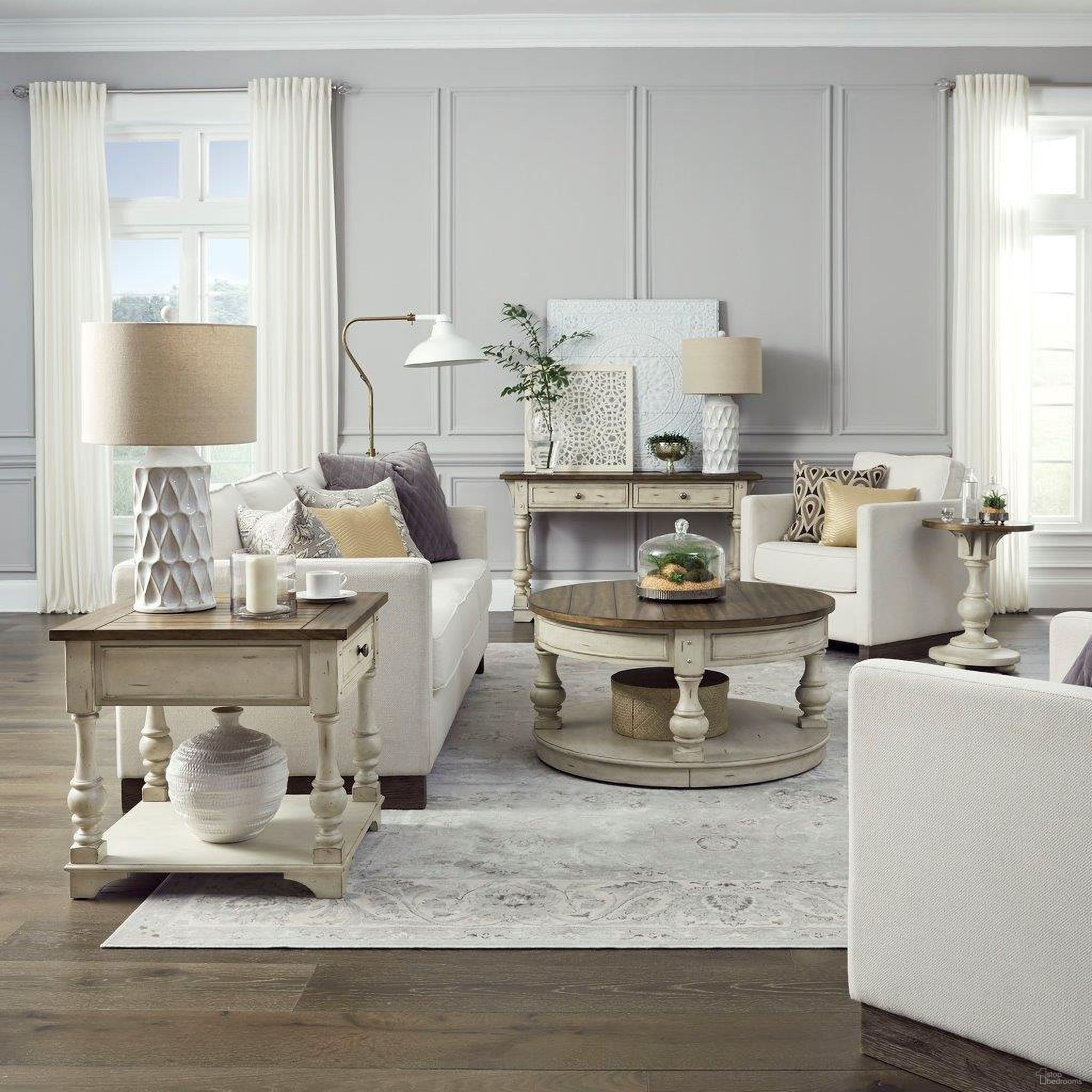 The appearance of Morgan Creek White Occasional Table Set designed by Liberty in the traditional interior design. This white piece of furniture  was selected by 1StopBedrooms from Morgan Creek Collection to add a touch of cosiness and style into your home. Sku: 498-OT1011;498-OT1020;498-OT1021. Material: Wood.