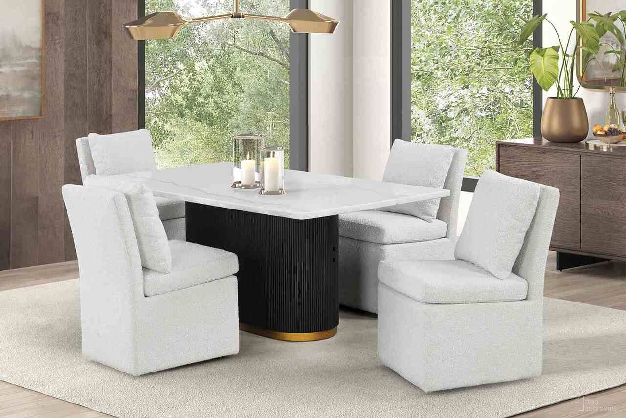 The appearance of Morges Rect Dining Marble Table In Black and White designed by Furniture of America in the modern / contemporary interior design. This black/white piece of furniture  was selected by 1StopBedrooms from Morges Collection to add a touch of cosiness and style into your home. Sku: FM3432WH-T-1;FM3432WH-T-2. Table Base Style: Pedestal. Table Top Shape: Rectangular. Size: 40" x 72". Material: Boucle.
