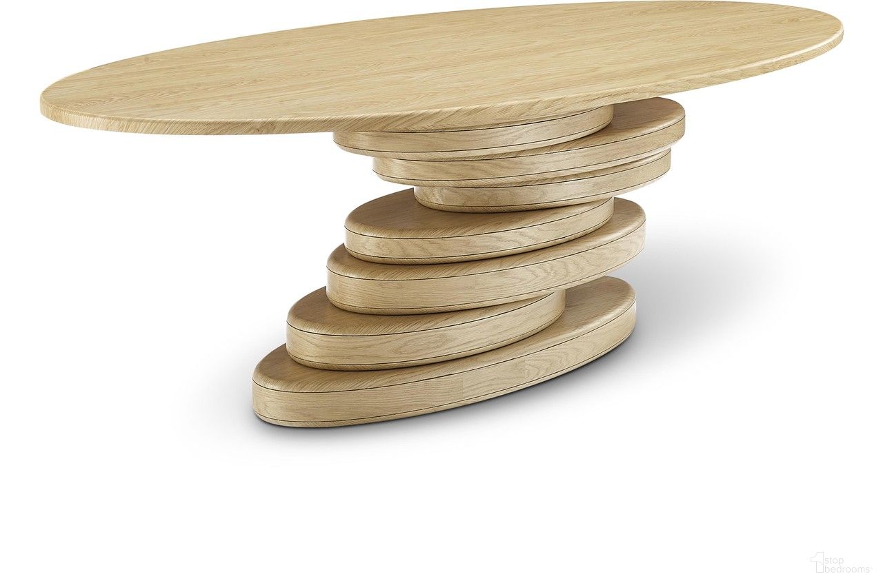 The appearance of Moriah Dining Table In Oak designed by Meridian in the modern / contemporary interior design. This oak piece of furniture  was selected by 1StopBedrooms from Moriah Collection to add a touch of cosiness and style into your home. Sku: 924Oak-T Box 1/2 (Top);924Oak-T Box 2/2 (Base). Table Base Style: Pedestal. Table Top Shape: Oval. Material: MDF. Size: 48" x 90".
