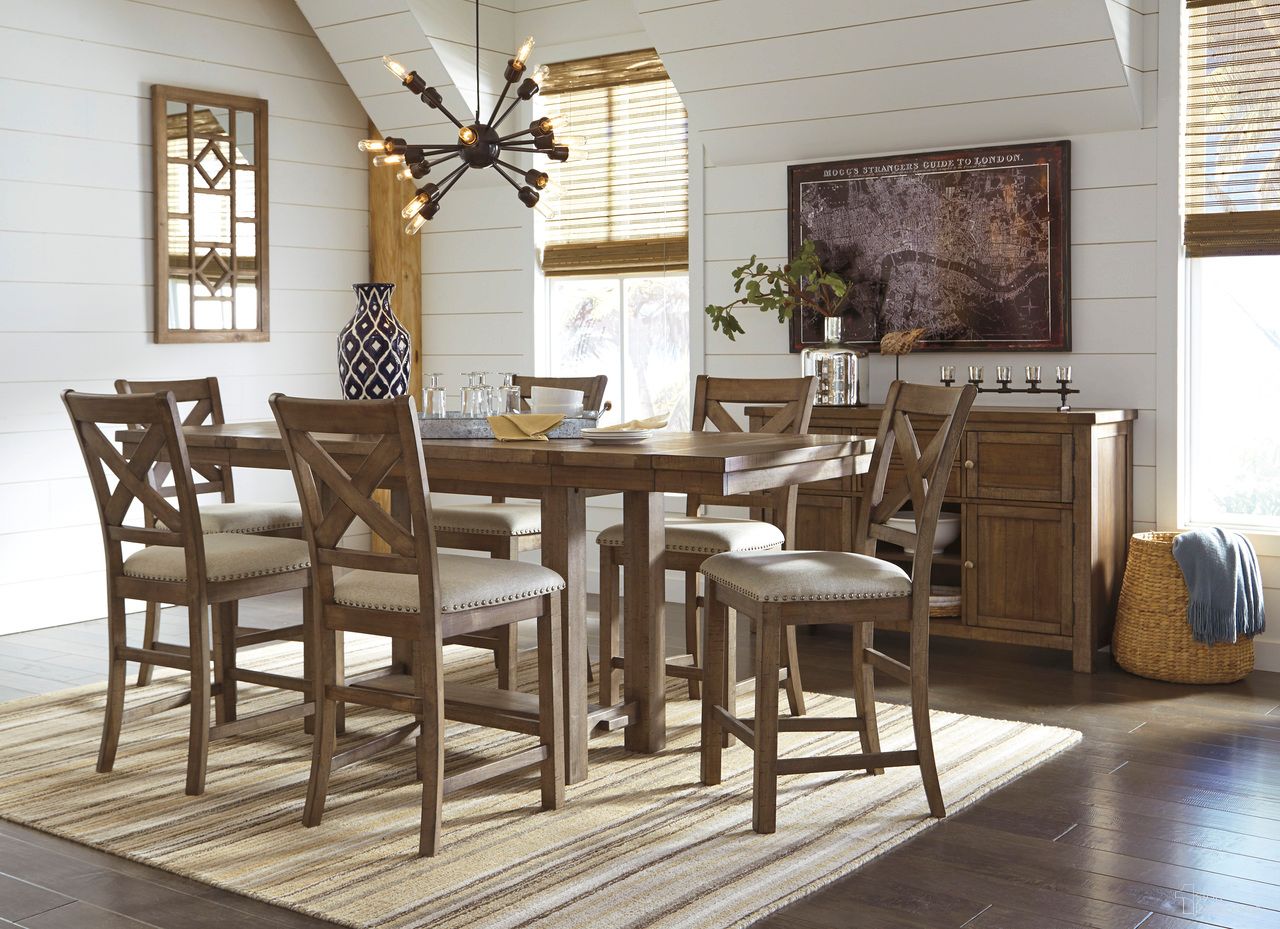 The appearance of Moriville Extendable Counter Height Dining Room Set designed by Signature Design by Ashley in the transitional interior design. This grayish brown piece of furniture was selected by 1StopBedrooms from Moriville Collection to add a touch of cosiness and style into your home. Sku: D631-32;D631-124. Table Base Style: Trestle. Material: Wood. Table Top Shape: Rectangular.