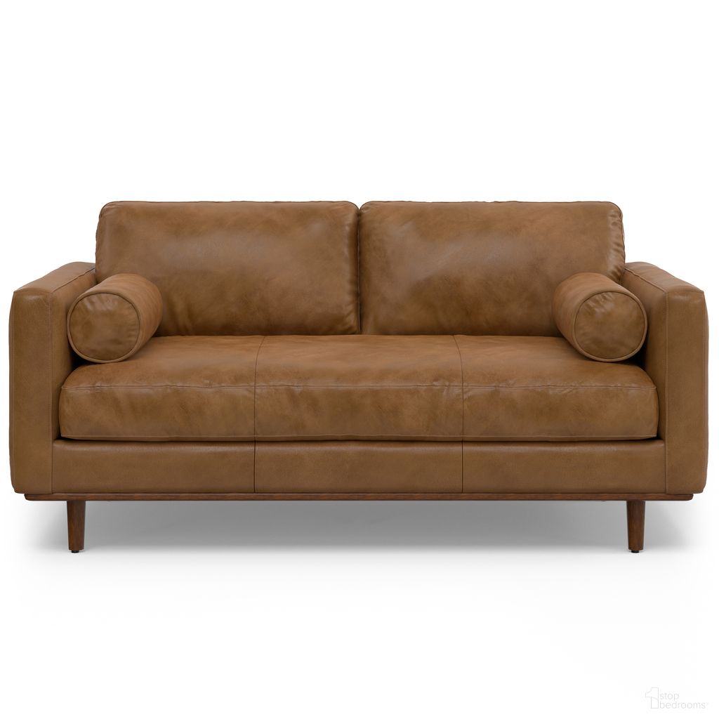 The appearance of Morrison Genuine Leather 72 Inch Sofa In Caramel Brown designed by Simpli Home in the transitional interior design. This caramel brown piece of furniture was selected by 1StopBedrooms from Morrison Collection to add a touch of cosiness and style into your home. Sku: AXCSOFMOR72-CAR. Material: Pine.