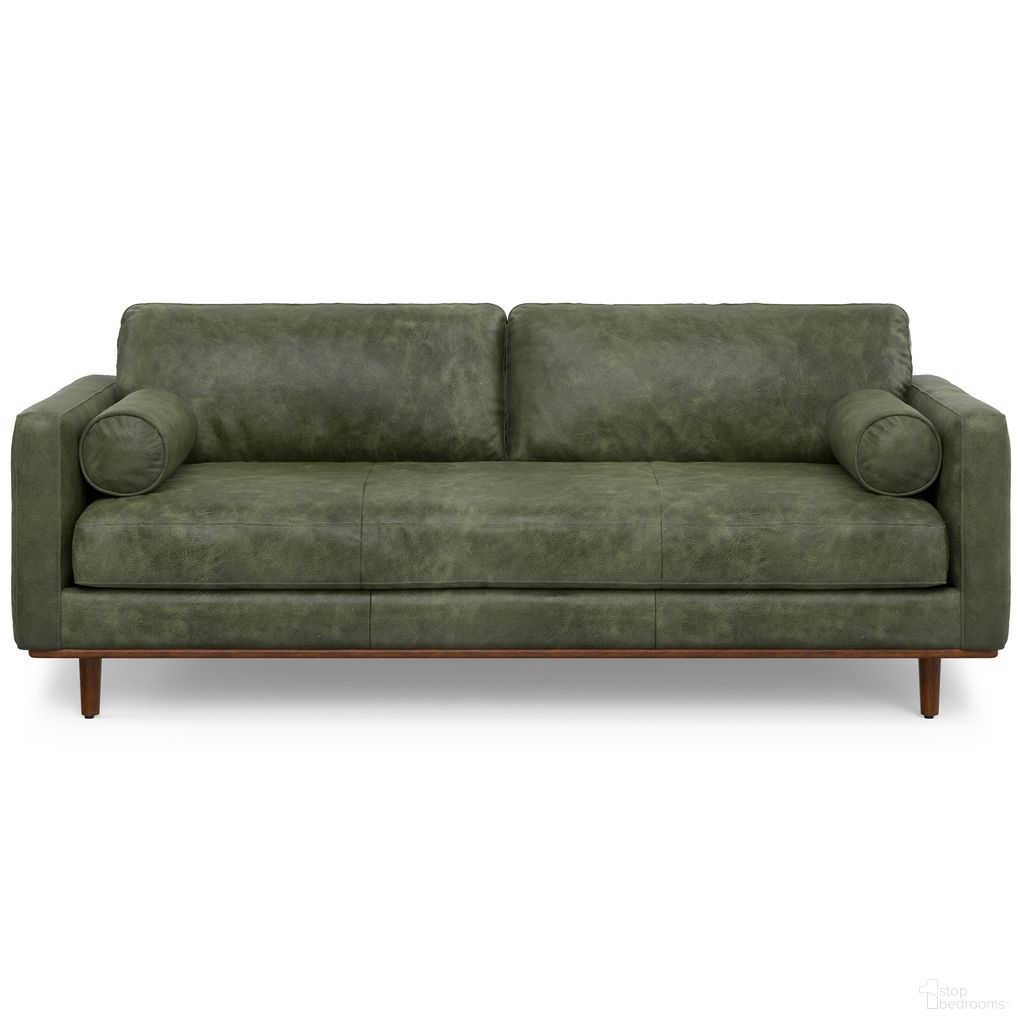 The appearance of Morrison Genuine Leather 89 Inch Mid Century Sofa In Moss Green designed by Simpli Home in the transitional interior design. This moss green piece of furniture  was selected by 1StopBedrooms from Morrison Collection to add a touch of cosiness and style into your home. Sku: AXCSOFMOR86-MGN. Material: Genuine Leather.