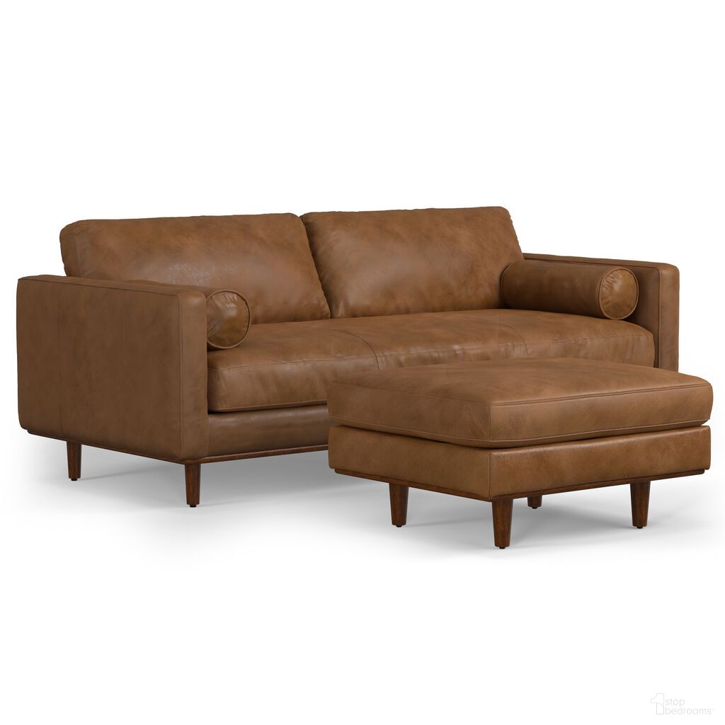 The appearance of Morrison Genuine Leather 89-inch Sofa and Ottoman Set In Caramel Brown designed by Simpli Home in the transitional interior design. This caramel brown piece of furniture was selected by 1StopBedrooms from Morrison Collection to add a touch of cosiness and style into your home. Sku: AXCSWOMOR88-CAR. Material: Pine.