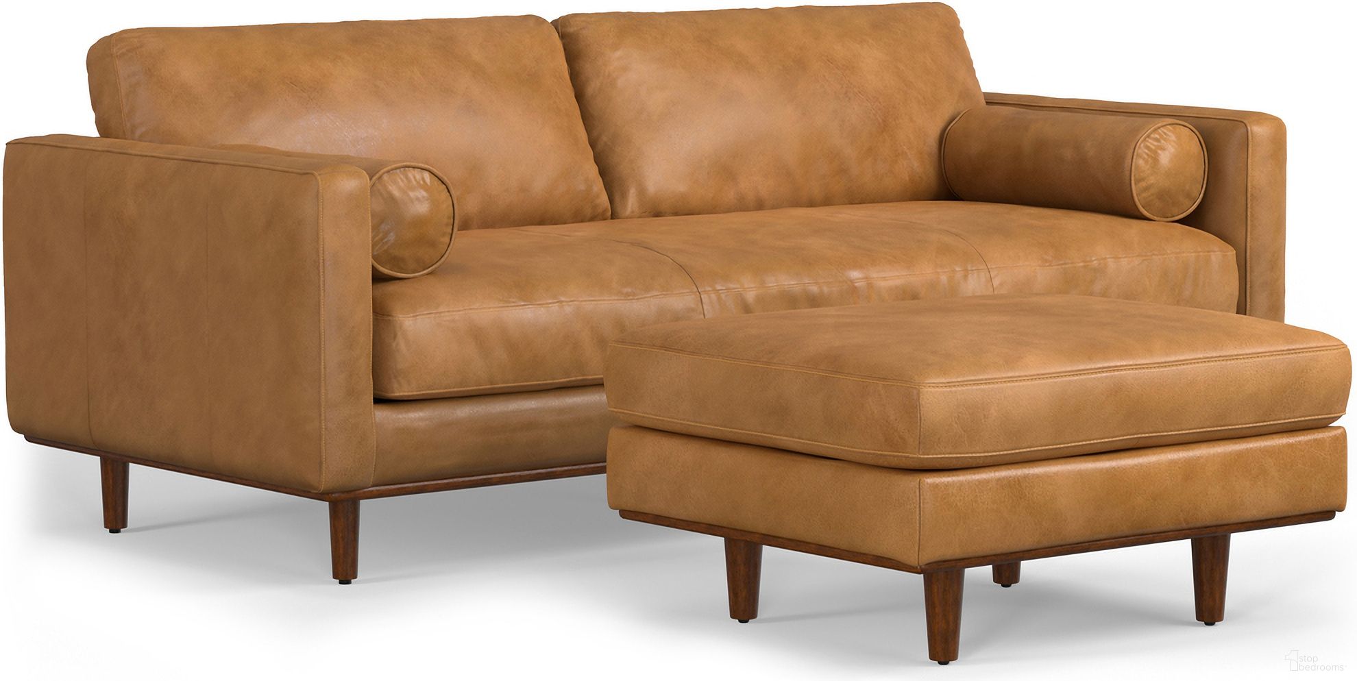 The appearance of Morrison Genuine Leather 89-inch Sofa and Ottoman Set In Sienna designed by Simpli Home in the transitional interior design. This sienna piece of furniture was selected by 1StopBedrooms from Morrison Collection to add a touch of cosiness and style into your home. Sku: AXCSWOMOR88-SIE. Material: Pine.