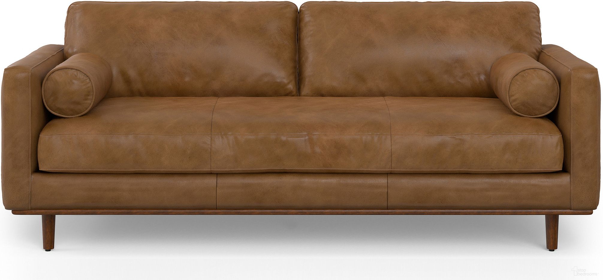 The appearance of Morrison Genuine Leather 89 Inch Sofa In Caramel Brown designed by Simpli Home in the transitional interior design. This caramel brown piece of furniture was selected by 1StopBedrooms from Morrison Collection to add a touch of cosiness and style into your home. Sku: AXCSOFMOR86-CAR. Material: Pine.