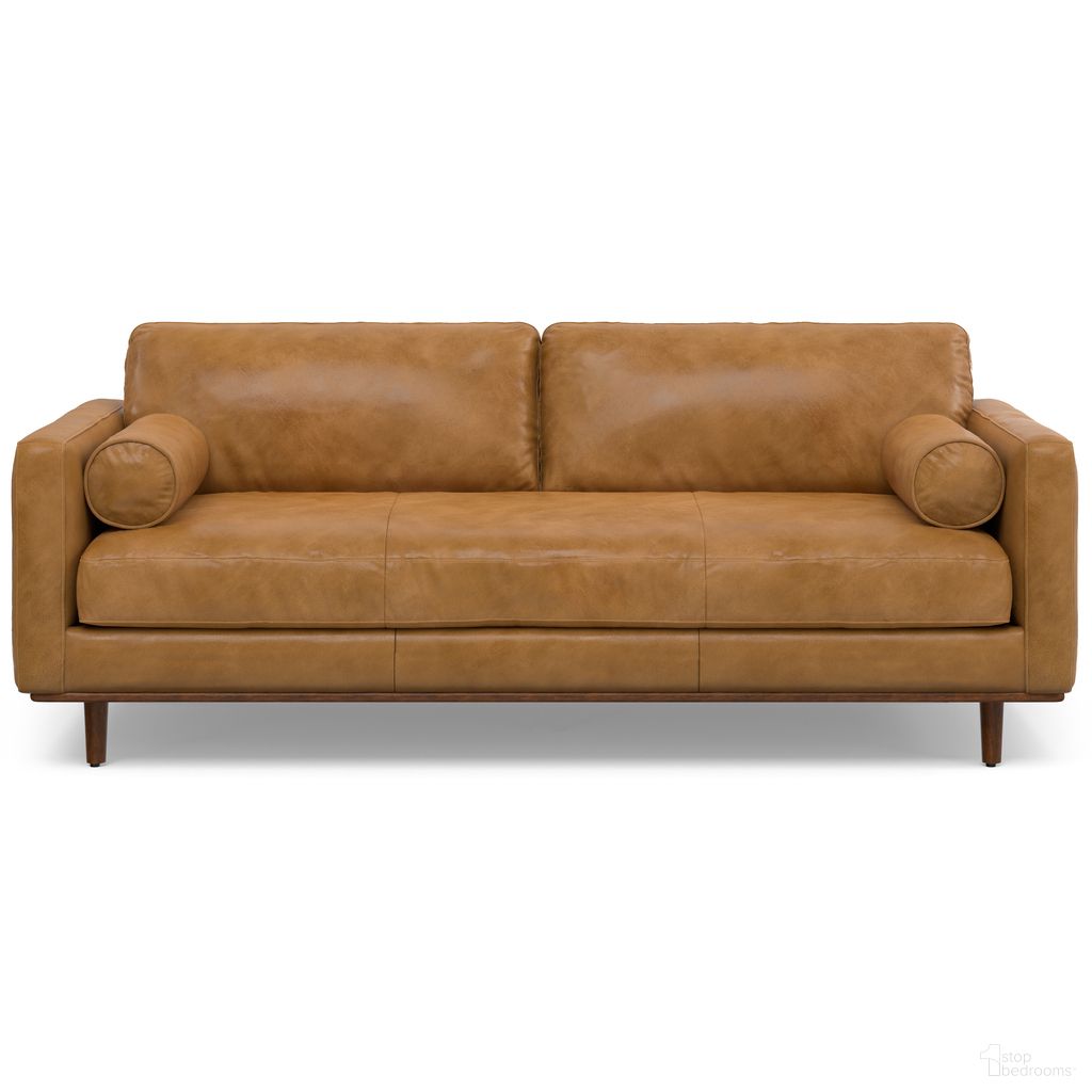 The appearance of Morrison Genuine Leather 89 Inch Sofa In Sienna designed by Simpli Home in the transitional interior design. This sienna piece of furniture was selected by 1StopBedrooms from Morrison Collection to add a touch of cosiness and style into your home. Sku: AXCSOFMOR86-SIE. Material: Pine.