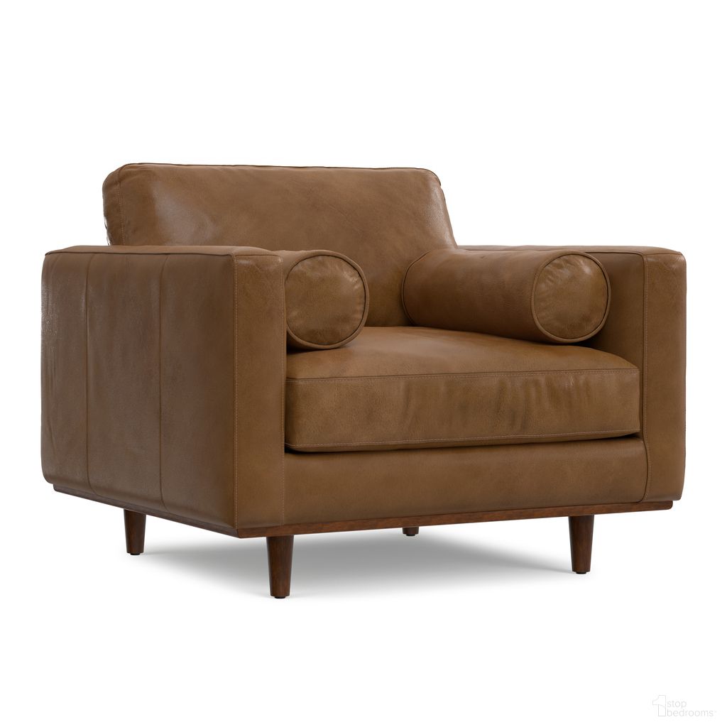 The appearance of Morrison Genuine Leather Arm Chair In Caramel Brown designed by Simpli Home in the transitional interior design. This caramel brown piece of furniture was selected by 1StopBedrooms from Morrison Collection to add a touch of cosiness and style into your home. Sku: AXCACHMOR-CAR. Material: Rubberwood.