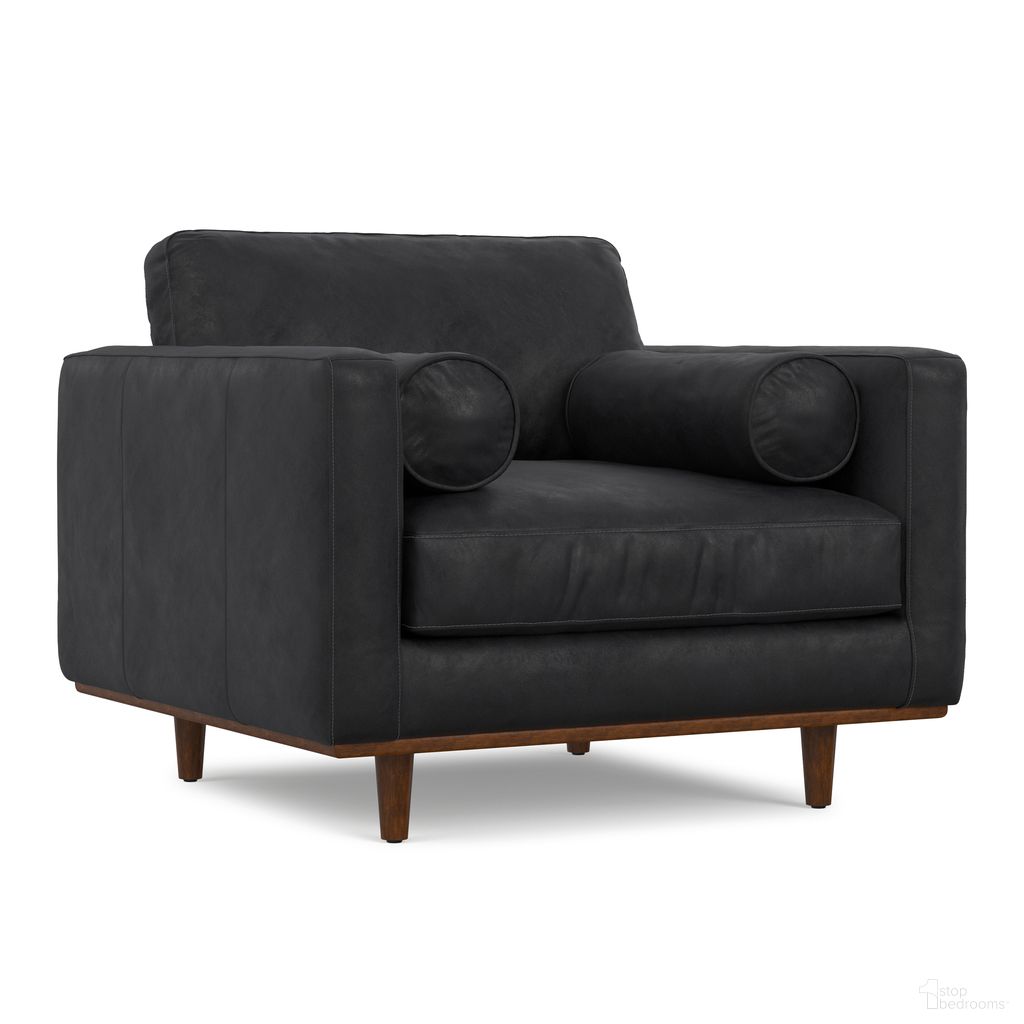 The appearance of Morrison Genuine Leather Arm Chair In Lead Black designed by Simpli Home in the transitional interior design. This lead black piece of furniture  was selected by 1StopBedrooms from Morrison Collection to add a touch of cosiness and style into your home. Sku: AXCACHMOR-LBL. Material: Genuine Leather.
