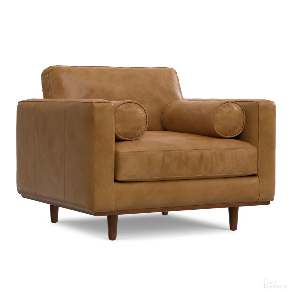 The appearance of Morrison Genuine Leather Arm Chair In Sienna designed by Simpli Home in the transitional interior design. This sienna piece of furniture was selected by 1StopBedrooms from Morrison Collection to add a touch of cosiness and style into your home. Sku: AXCACHMOR-SIE. Material: Rubberwood.