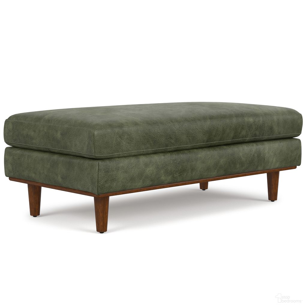The appearance of Morrison Genuine Leather Large Rectangular Ottoman In Moss Green designed by Simpli Home in the transitional interior design. This moss green piece of furniture was selected by 1StopBedrooms from Morrison Collection to add a touch of cosiness and style into your home. Sku: AXCOTMORLG-MGN. Material: Genuine Leather.