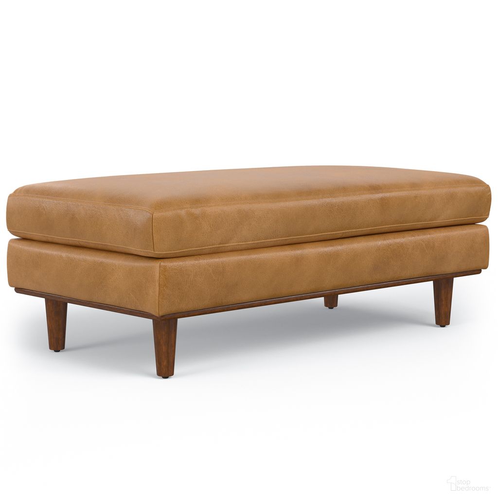 The appearance of Morrison Genuine Leather Large Rectangular Ottoman In Sienna designed by Simpli Home in the transitional interior design. This sienna piece of furniture was selected by 1StopBedrooms from Morrison Collection to add a touch of cosiness and style into your home. Sku: AXCOTMORLG-SIE. Material: Pine.