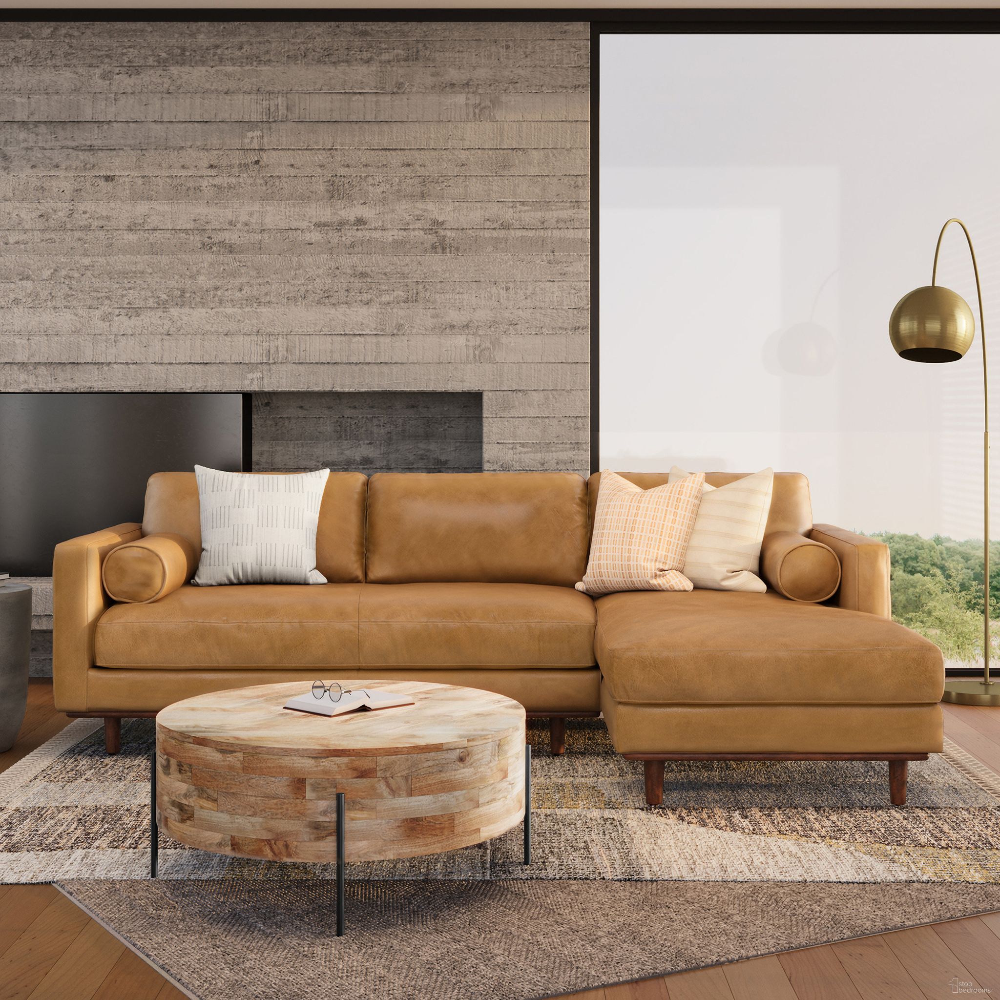 The appearance of Morrison Genuine Leather Right Sectional Sofa In Sienna designed by Simpli Home in the transitional interior design. This sienna piece of furniture was selected by 1StopBedrooms from Morrison Collection to add a touch of cosiness and style into your home. Sku: AXCSECMOR-SIE. Orientation: RAF. Material: Genuine Leather.