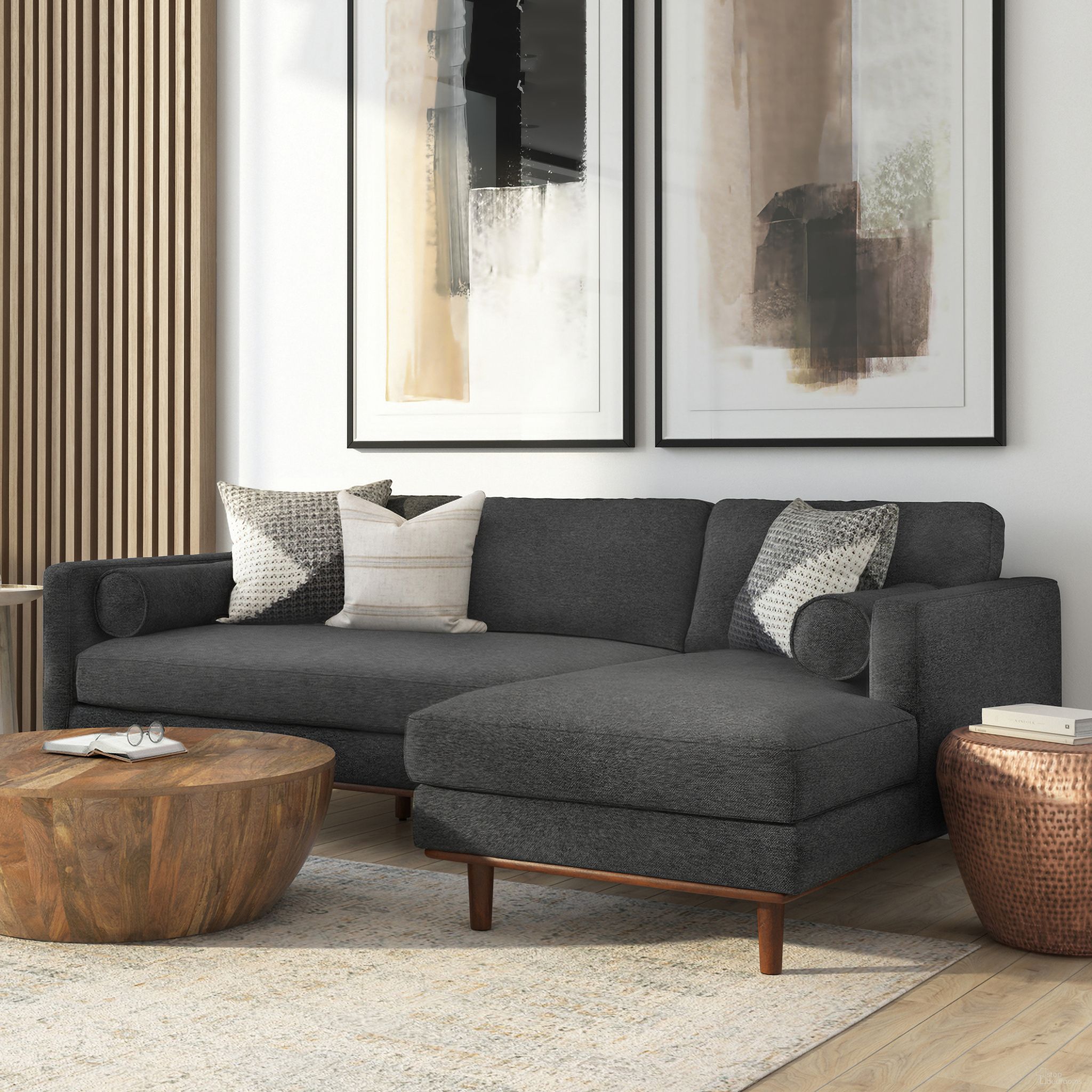 The appearance of Morrison Woven-Blend Fabric Right Sectional Sofa In Charcoal Grey designed by Simpli Home in the transitional interior design. This charcoal grey piece of furniture  was selected by 1StopBedrooms from Morrison Collection to add a touch of cosiness and style into your home. Sku: AXCSECMOR-CG. Orientation: RAF. Material: Woven.