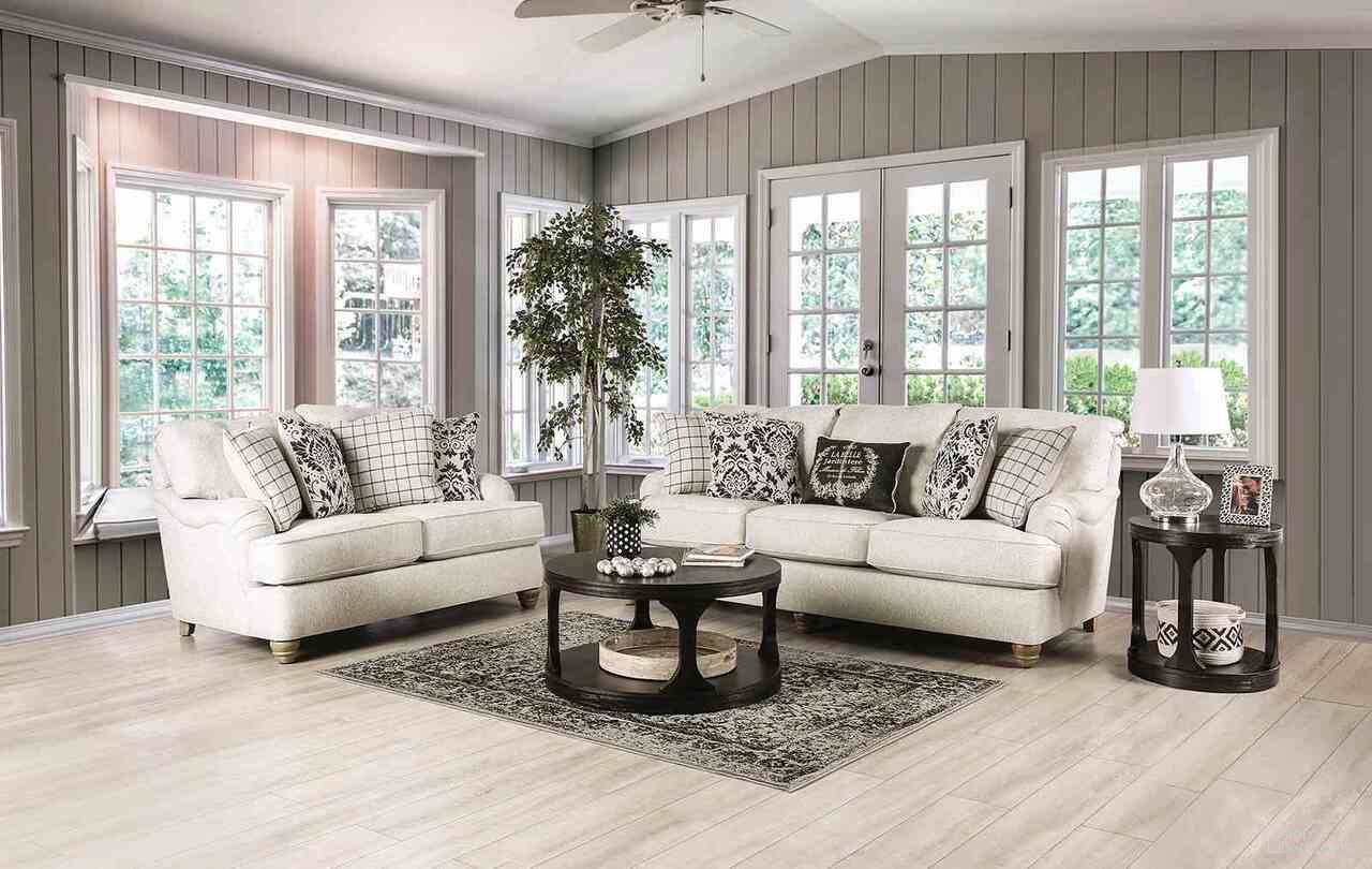 The appearance of Mossley Living Room Set In Ivory designed by Furniture of America in the transitional interior design. This ivory piece of furniture  was selected by 1StopBedrooms from Mossley Collection to add a touch of cosiness and style into your home. Sku: SM6090-SF;SM6090-LV. Material: Fabric.