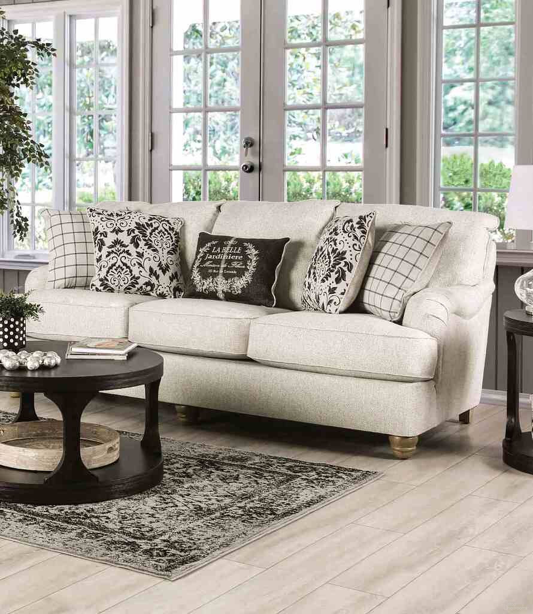 The appearance of Mossley Sofa In Ivory designed by Furniture of America in the transitional interior design. This ivory piece of furniture was selected by 1StopBedrooms from Mossley Collection to add a touch of cosiness and style into your home. Sku: SM6090-SF. Material: Fabric.